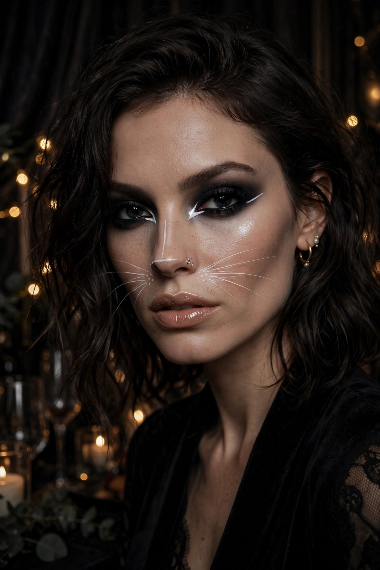 Woman with white cat makeup for Halloween party, white liner details over deep smoky eye