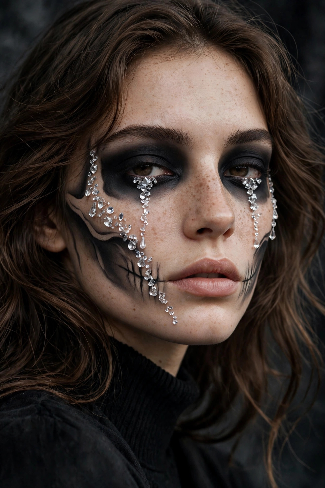 Woman with crystal tears glam skull Halloween makeup and gem trails