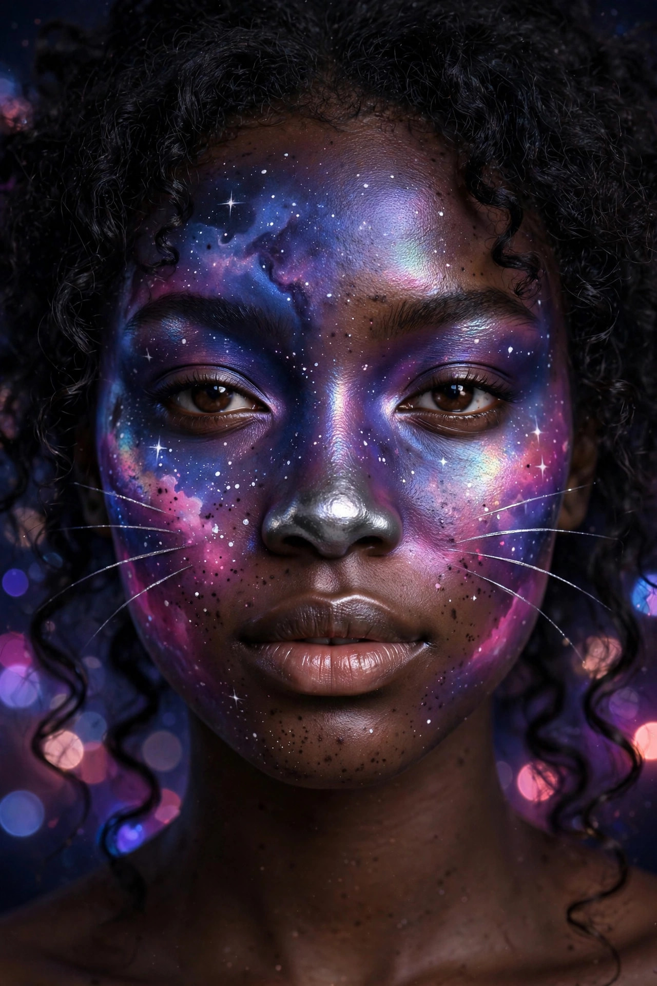 Woman with galaxy cat Halloween makeup, blue and purple nebula base with star flecks