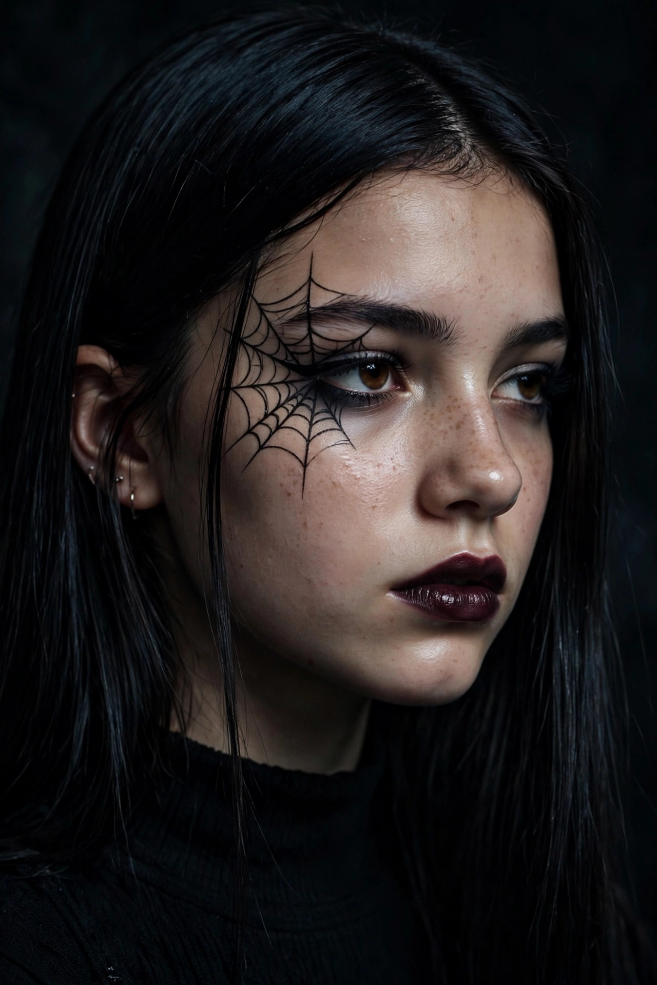 Teen girl with spiderweb eyeliner Halloween makeup, black web at eye corner
