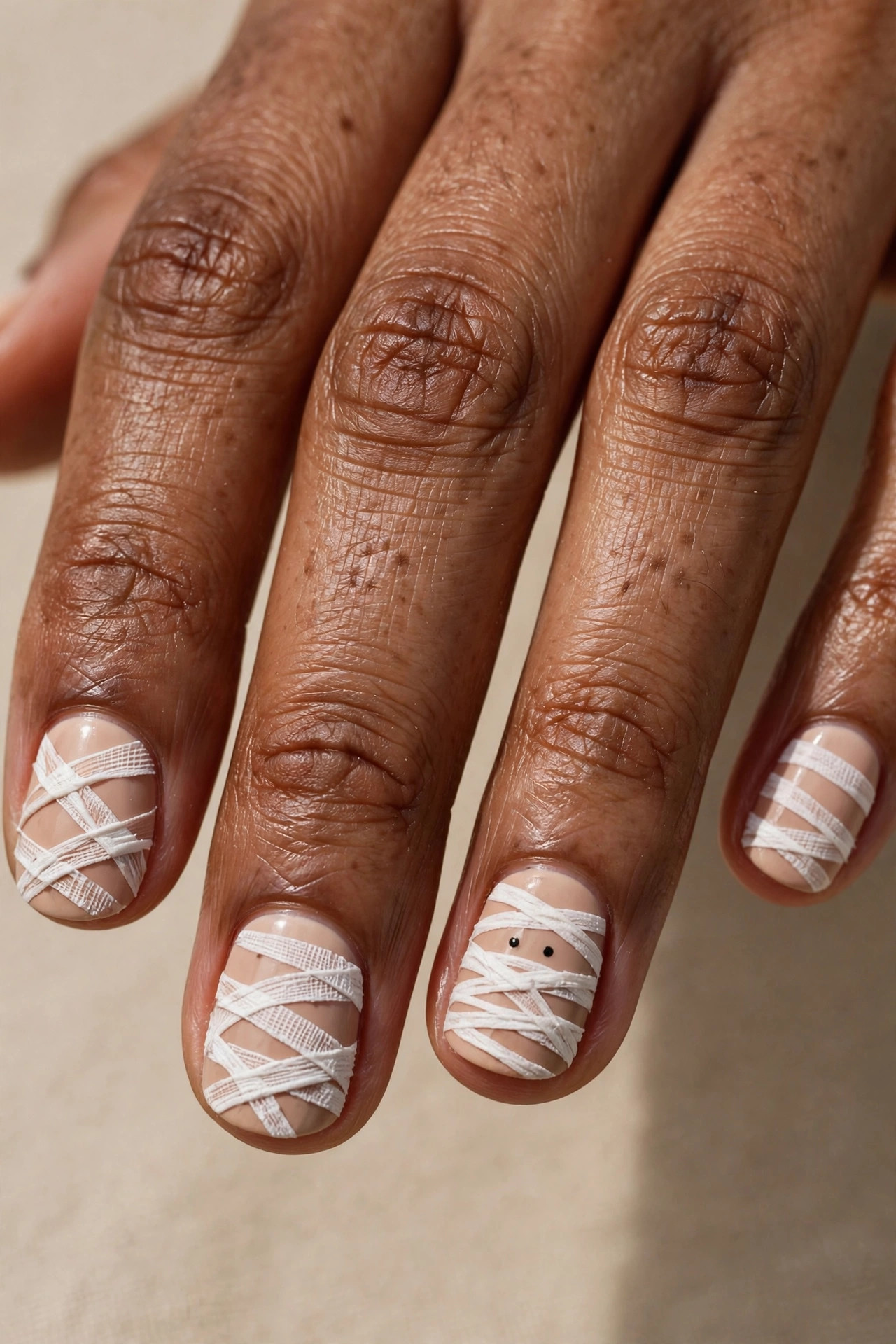 Short nails with nude base and white mummy bandage nail art with tiny eyes