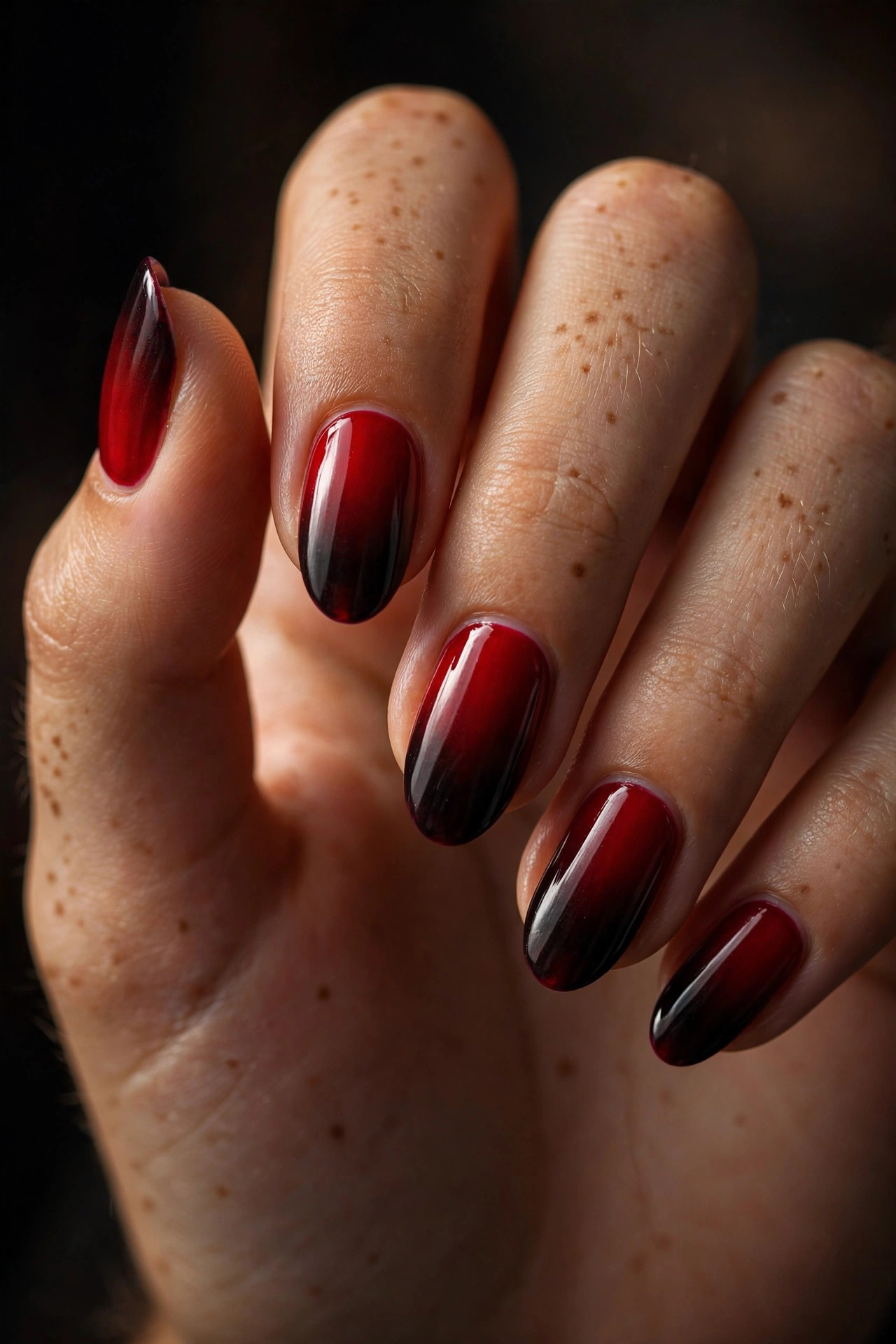 Teen hand with deep red to black ombre nail polish, glossy