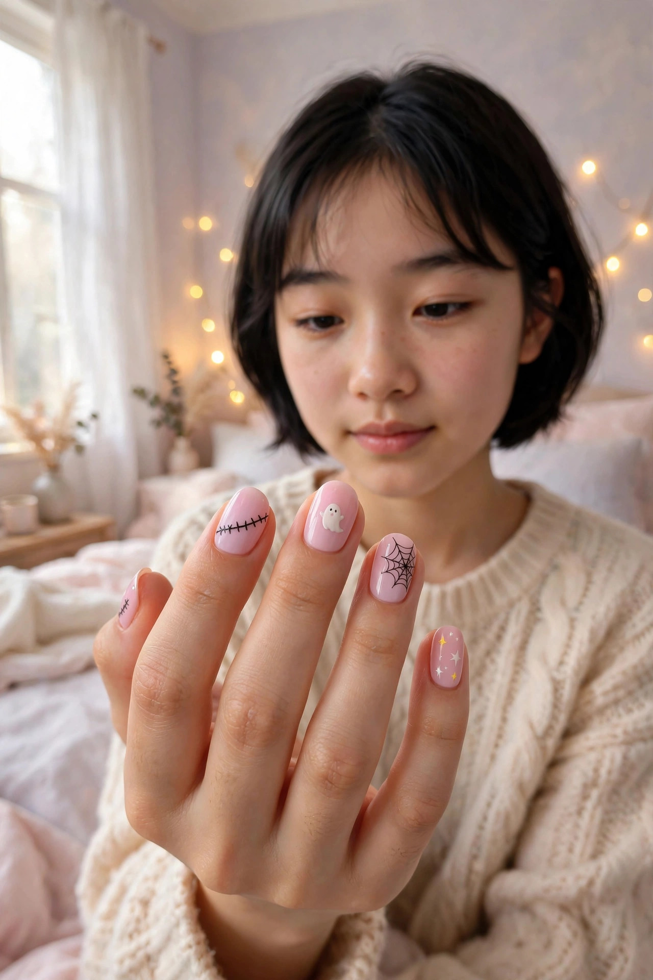 Pastel pink short nails with stitched lines, tiny ghosts, and spiderweb details