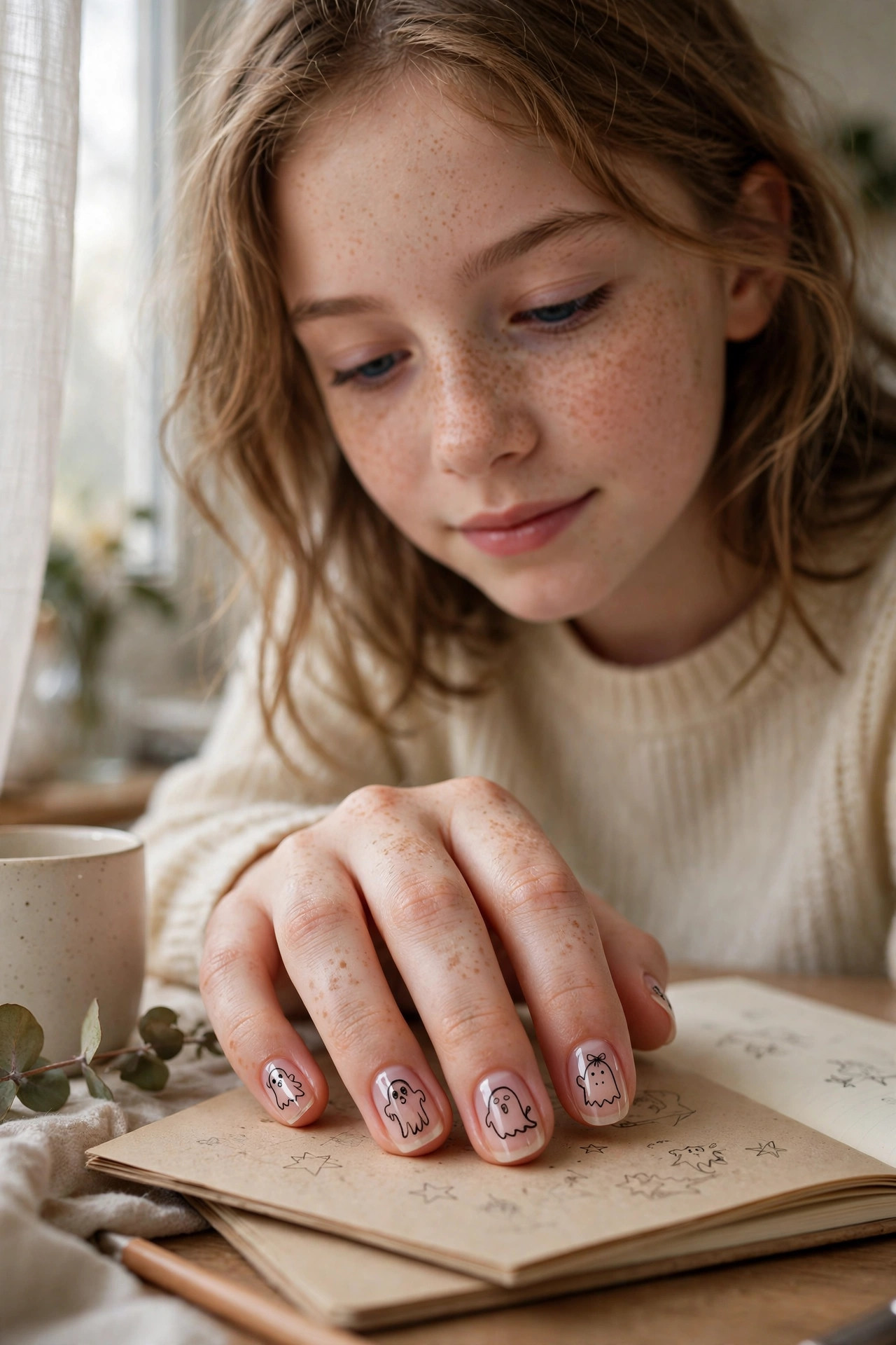 Teen hand with hand-drawn wobbly ghost doodles in black over a sheer pink base