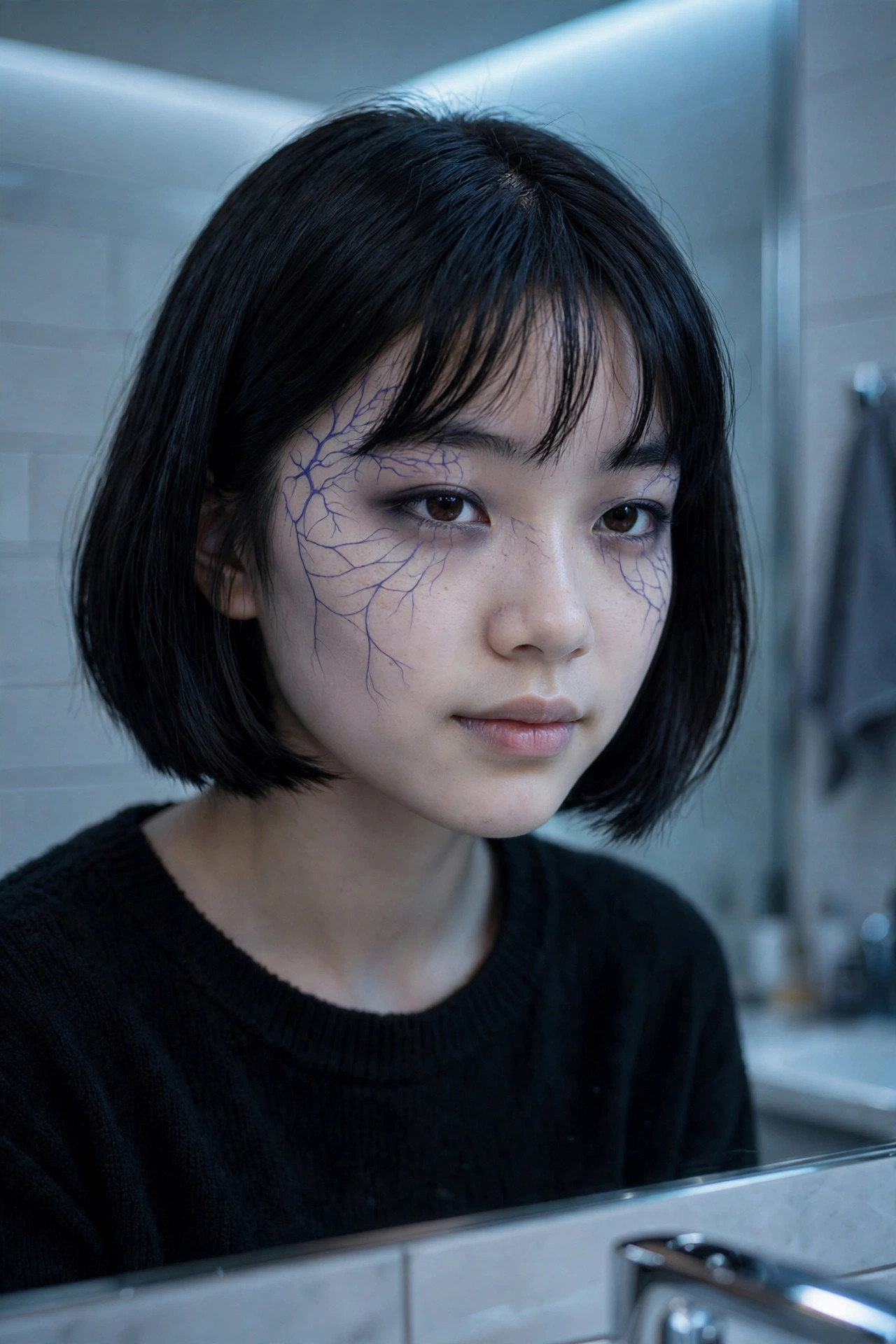 Teen with delicate blue-purple vein lines drawn at the temples as vampire detail
