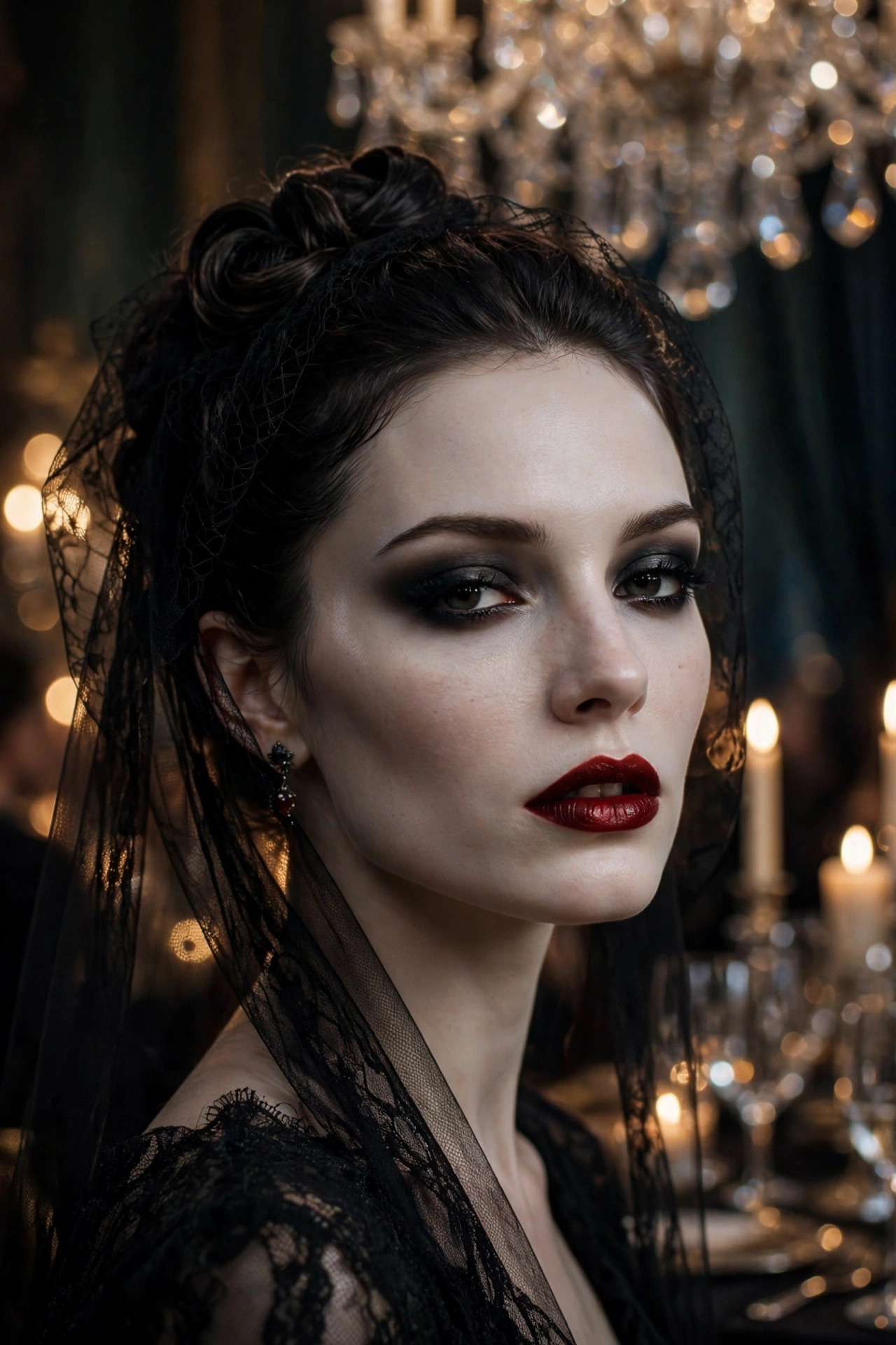 Woman with romantic dark vampire bride makeup at a costume gala