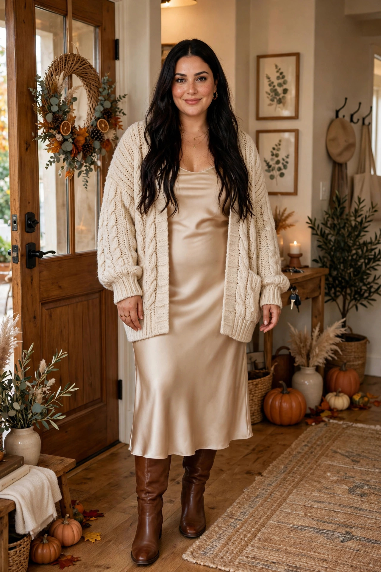 Plus-size woman in a champagne satin slip skirt and cozy oversized cardigan in a home entryway