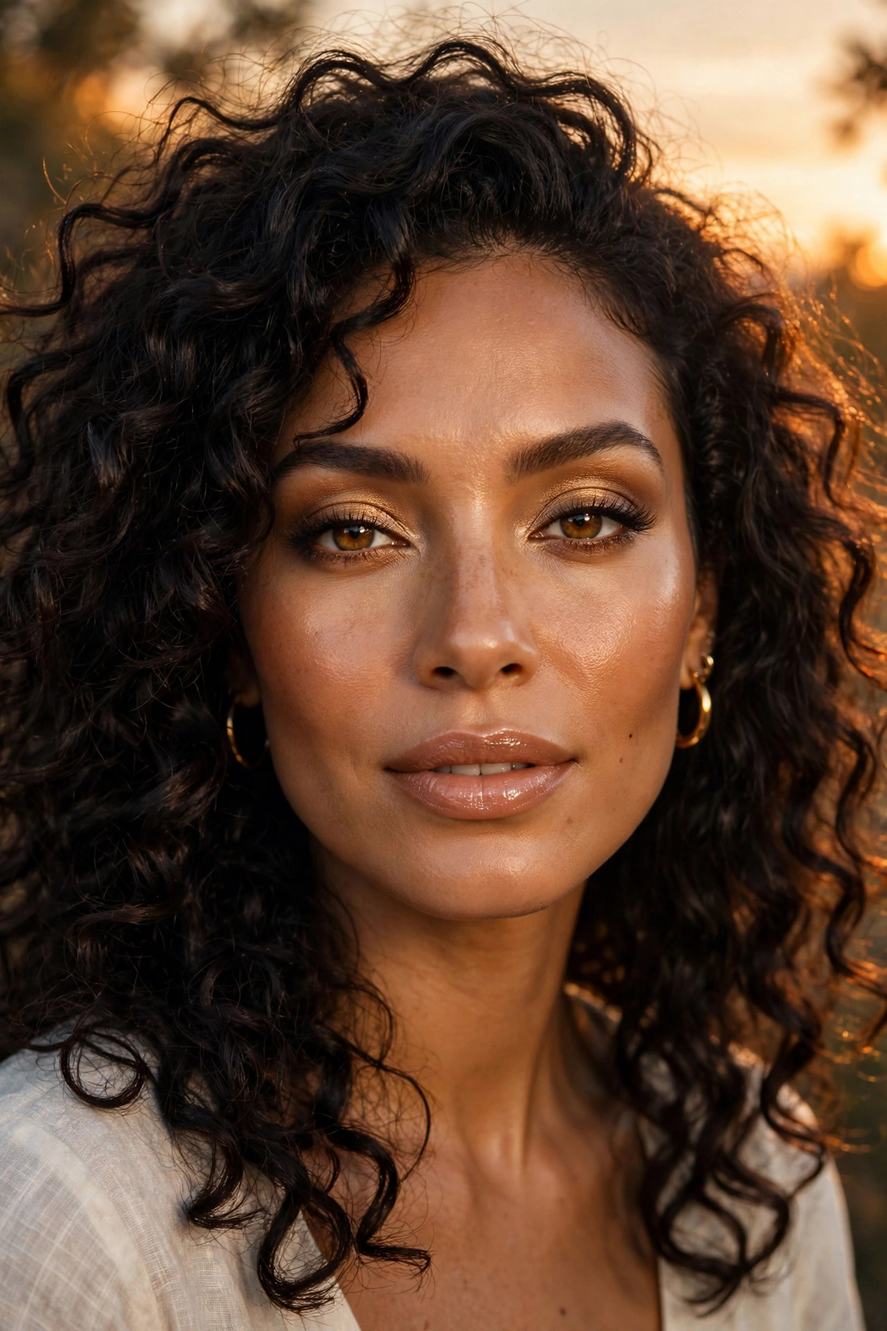 Woman with bronzed glowing skin, warm golden eyeshadow and glossy lips in sunset light