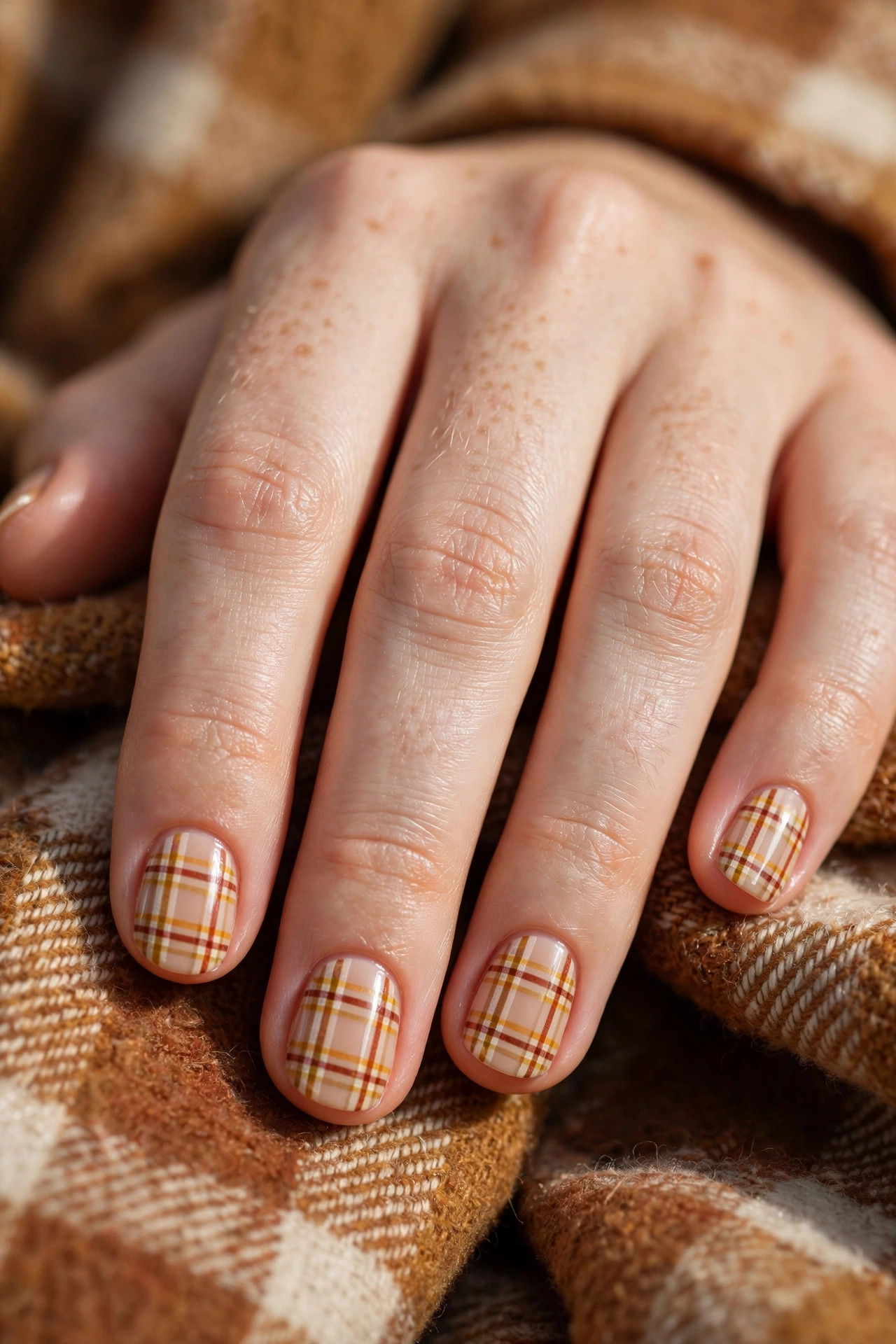 Short nails with a tiny mustard and rust plaid pattern