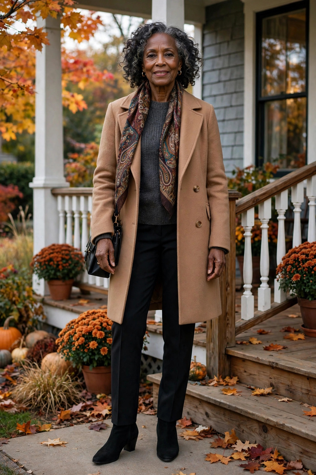 Older Black woman in her fifties wearing a camel wool coat over a knit sweater and tailored trousers on a porch
