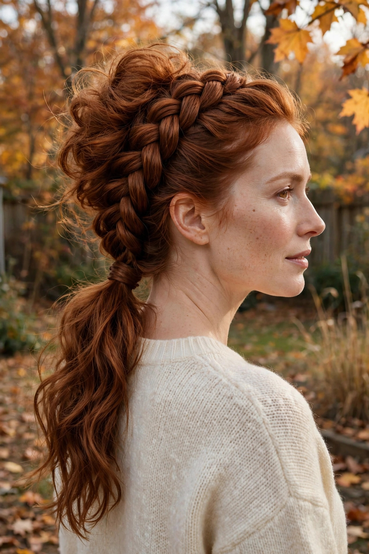 Woman with a puffy Dutch braid flowing into a ponytail in a backyard