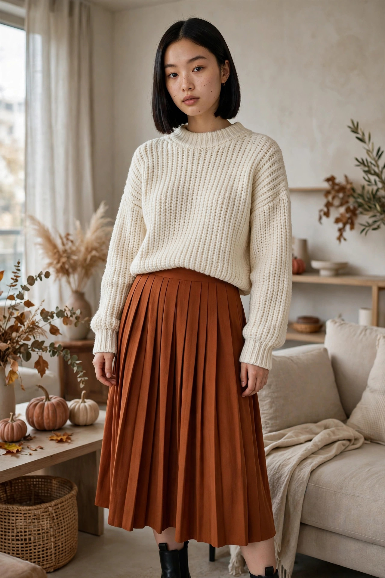Young woman in a pleated skirt with a structured knit top at an apartment