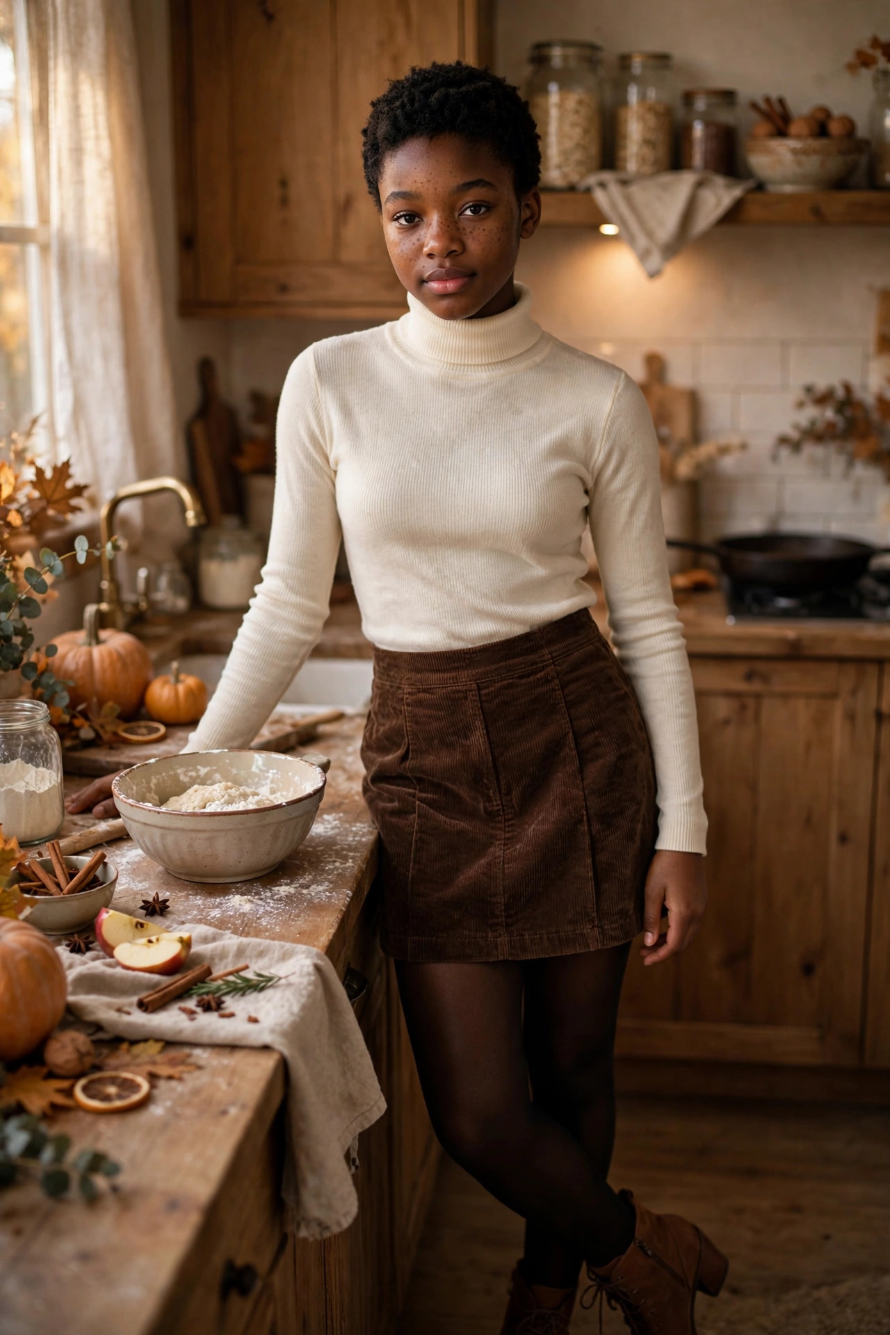 Teen girl in a corduroy mini skirt with a turtleneck and tights in a kitchen