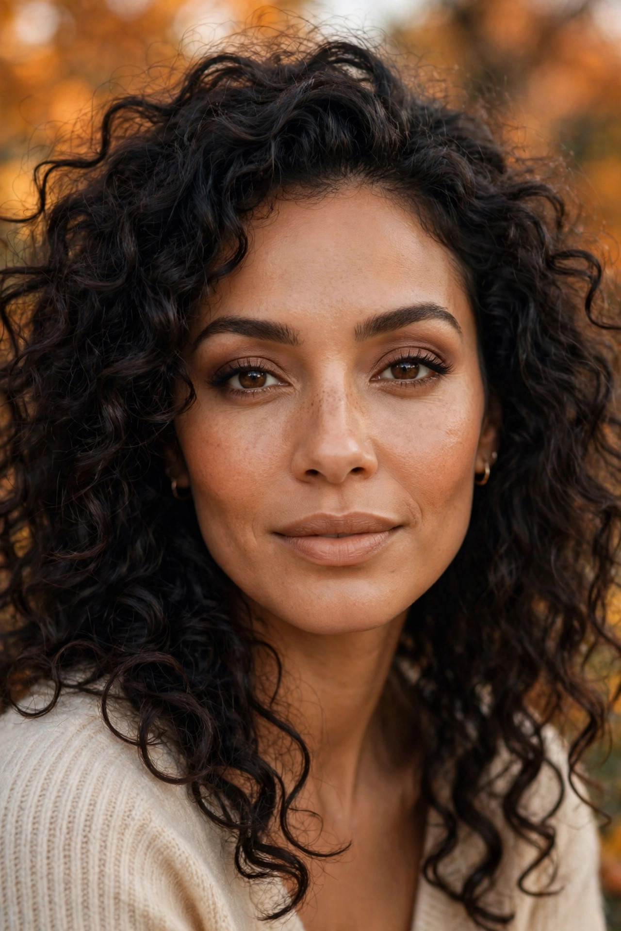 Woman with medium skin tone and curly hair wearing a soft diffused cinnamon smoky eye with autumn foliage behind her