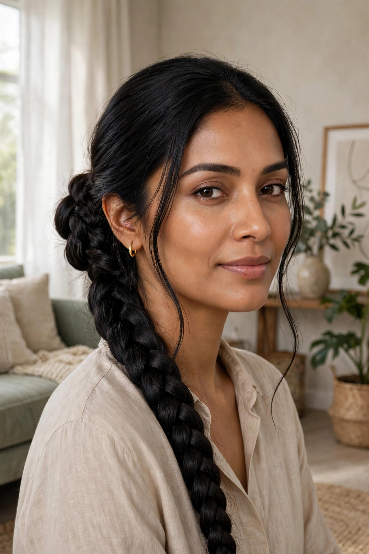 South Asian woman in her mid 30s with long dark hair in a braided bun at the nape in an elegant living room
