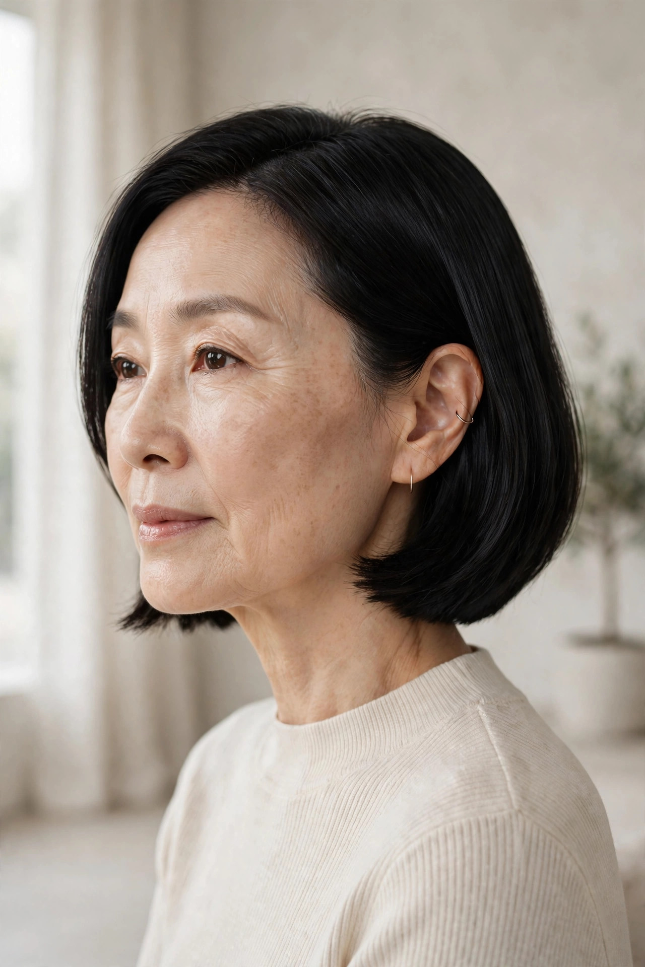East Asian woman in her early 60s with a sleek glossy black chin-length bob in a modern interior