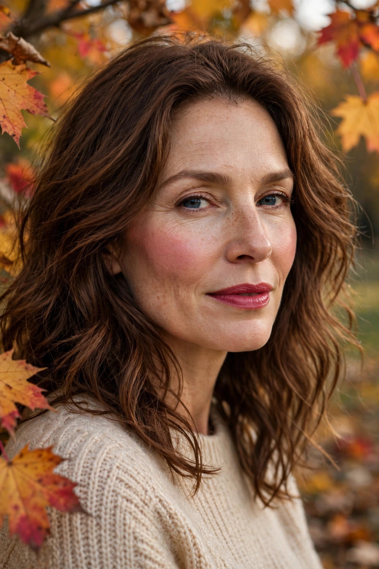 Woman in her late 40s with cranberry cream blush on her cheeks outdoors among fall leaves