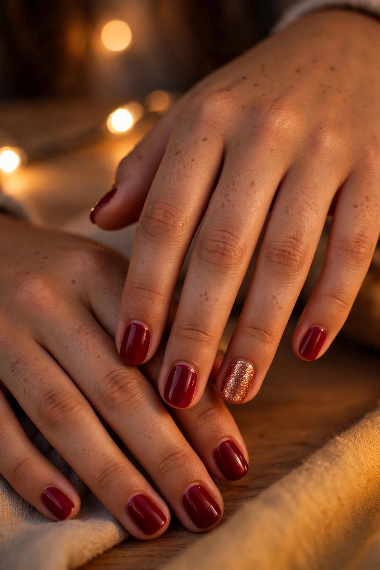 Teen hands with medium skin and short almond nails in cranberry polish with one glitter accent nail