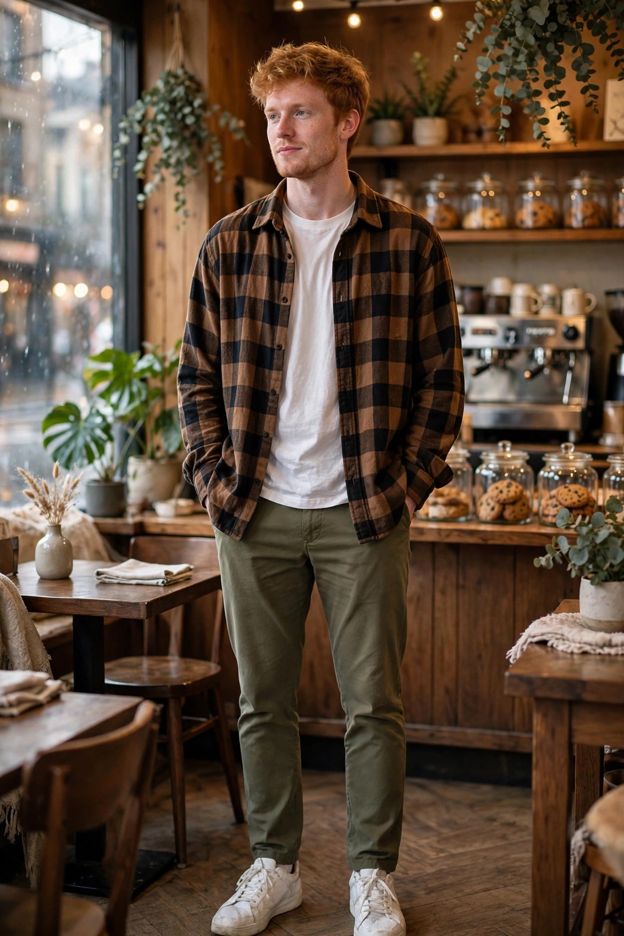 Young red-haired man wearing a plaid overshirt over a t-shirt with chinos at a coffee shop