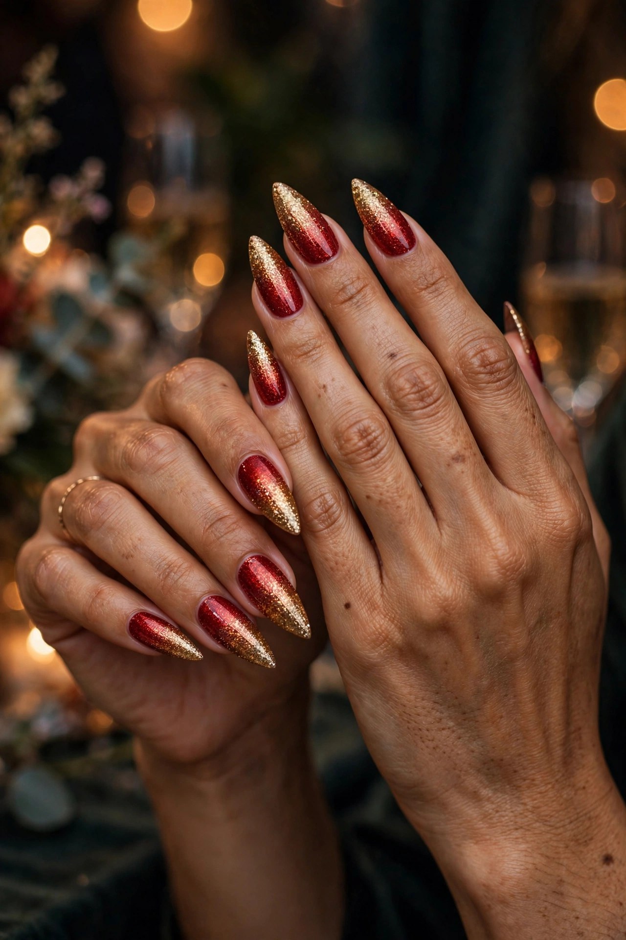 Hands with olive skin and stiletto nails with red to gold glitter ombre nails