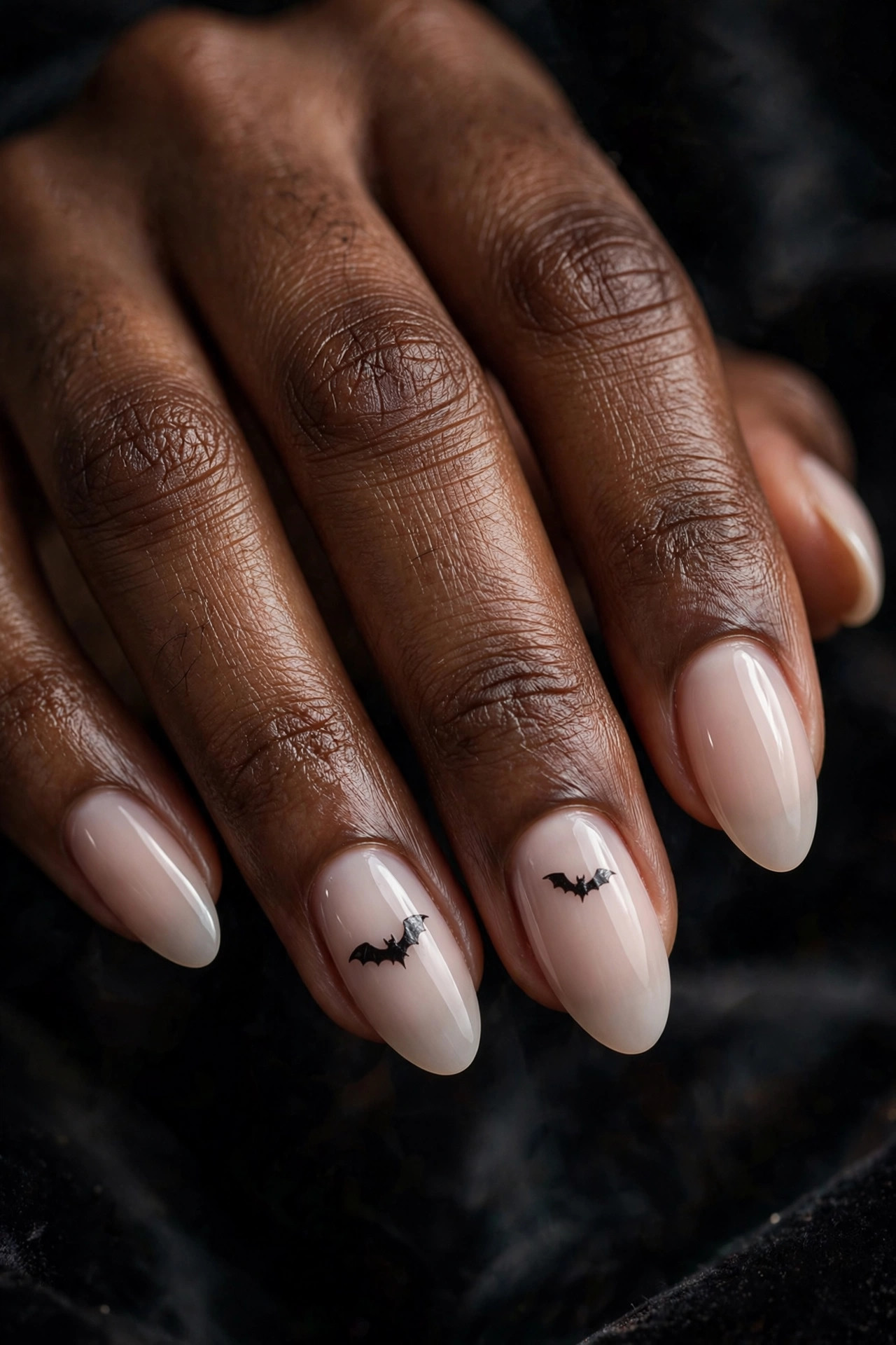 Almond nails with black bat silhouette nail art on milky nude base