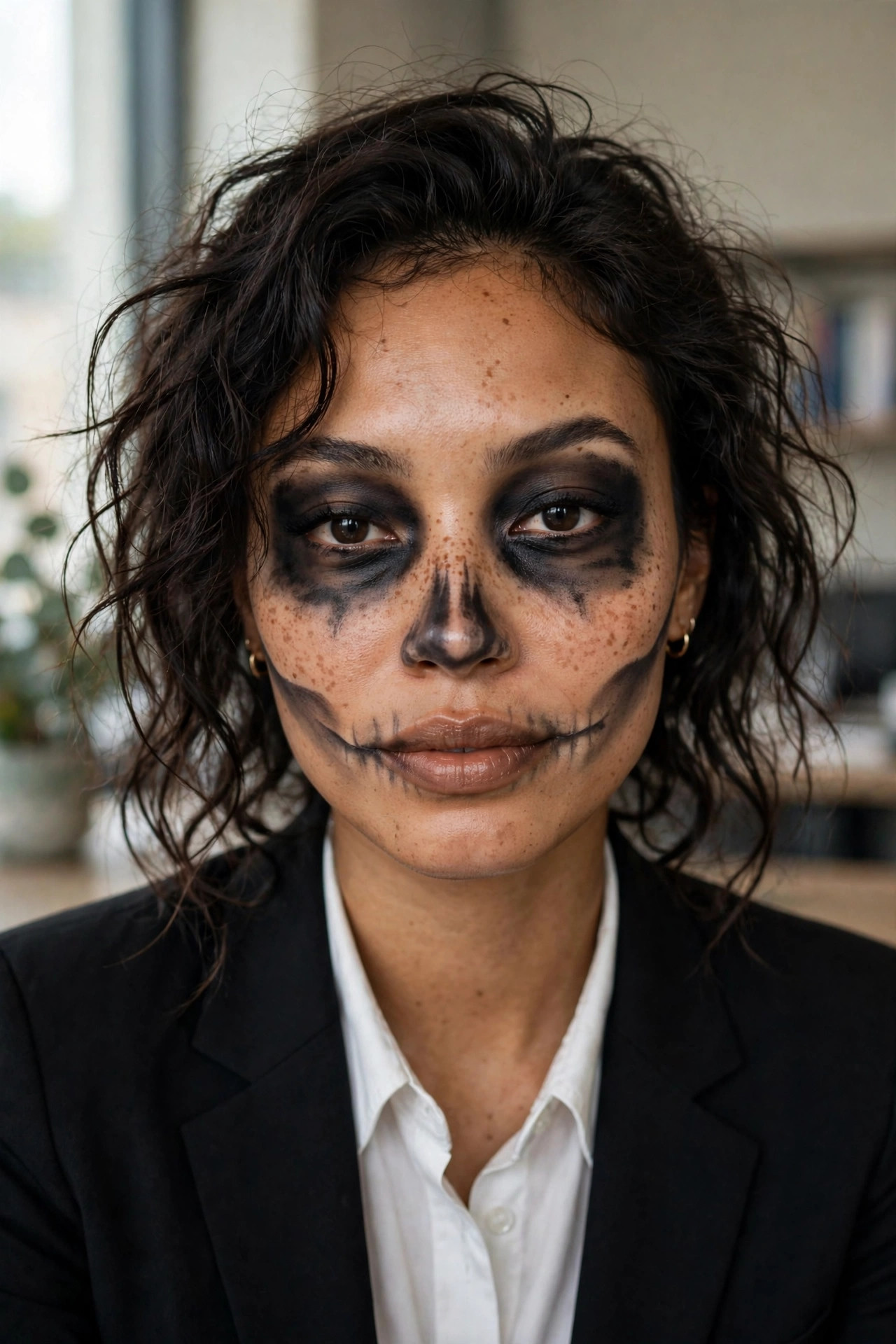 Woman with quick minimal skull Halloween makeup using only eyeliner