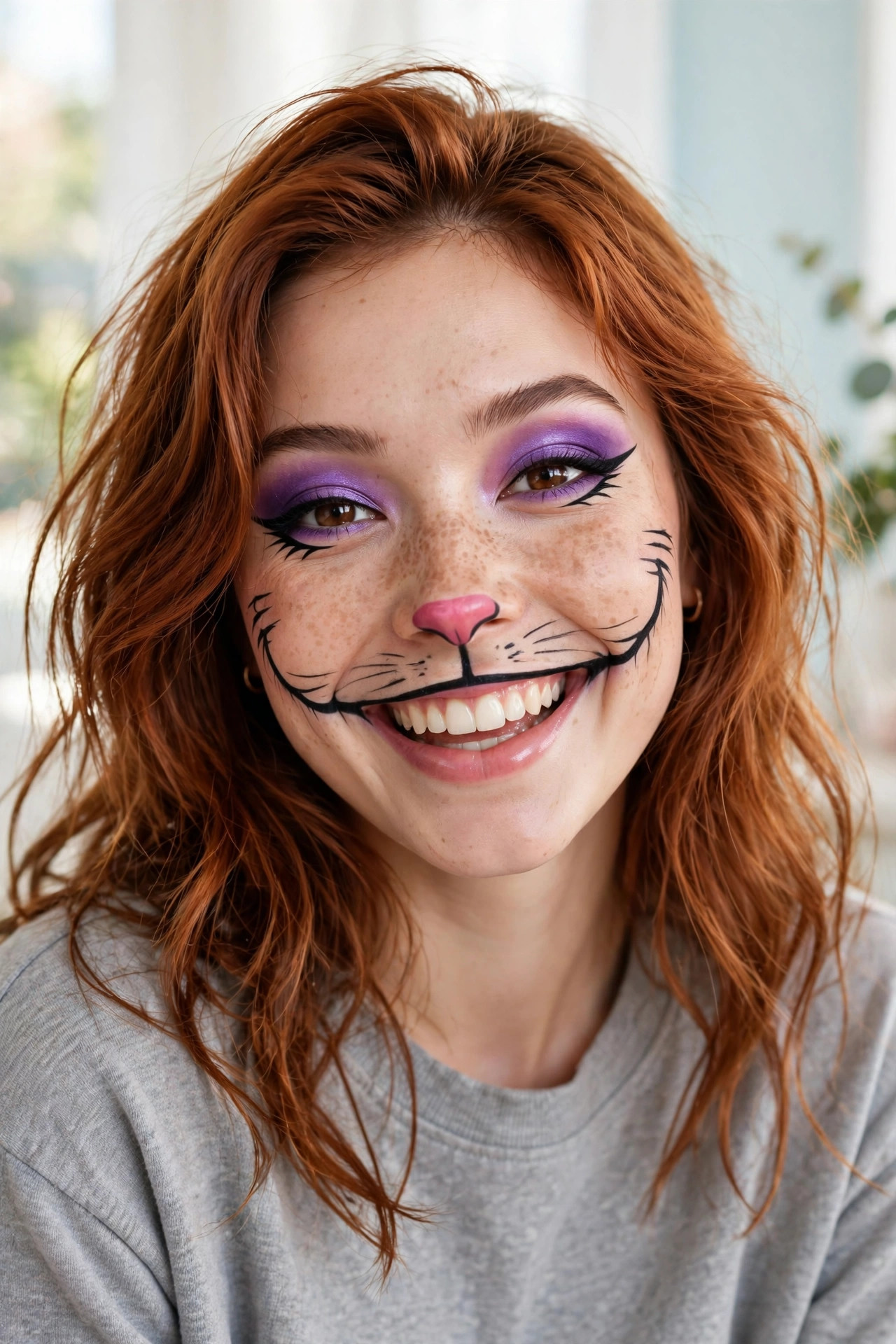 Teen girl with Cheshire cat Halloween makeup, extended grin and pink nose