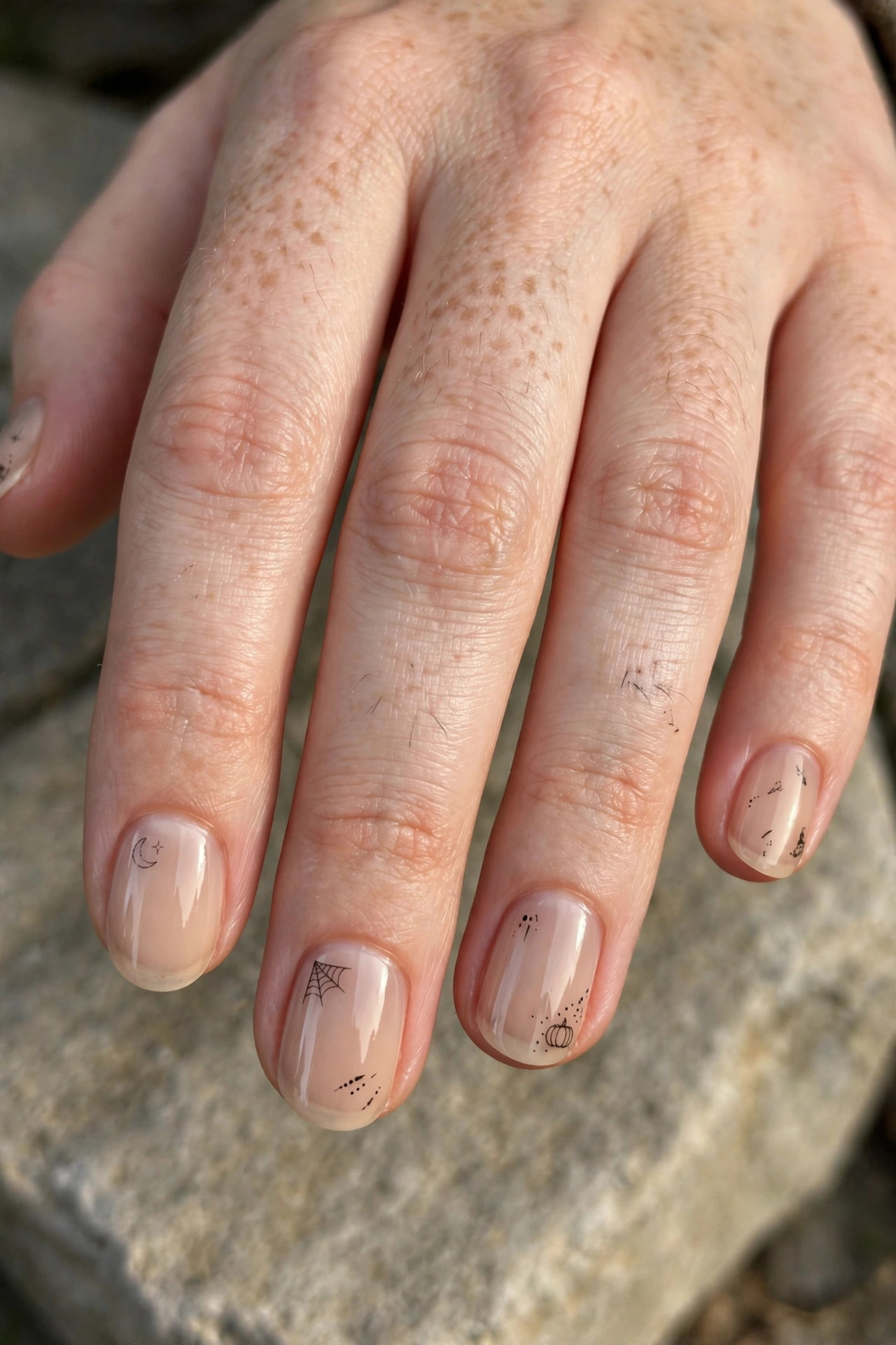 Teen hand with nude nails and Hello Sidney lettering nail art