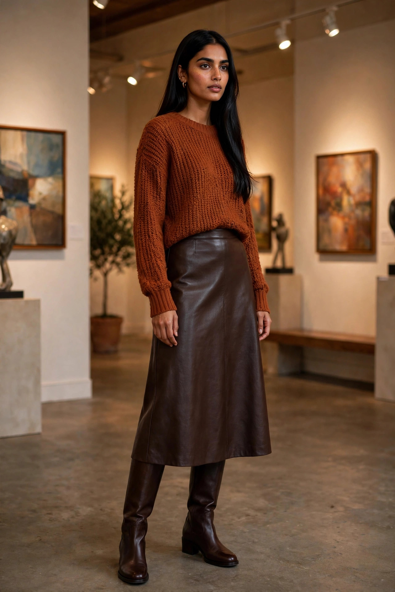 Woman with long straight black hair in a rust-colored sweater and leather midi skirt with knee boots inside an art gallery
