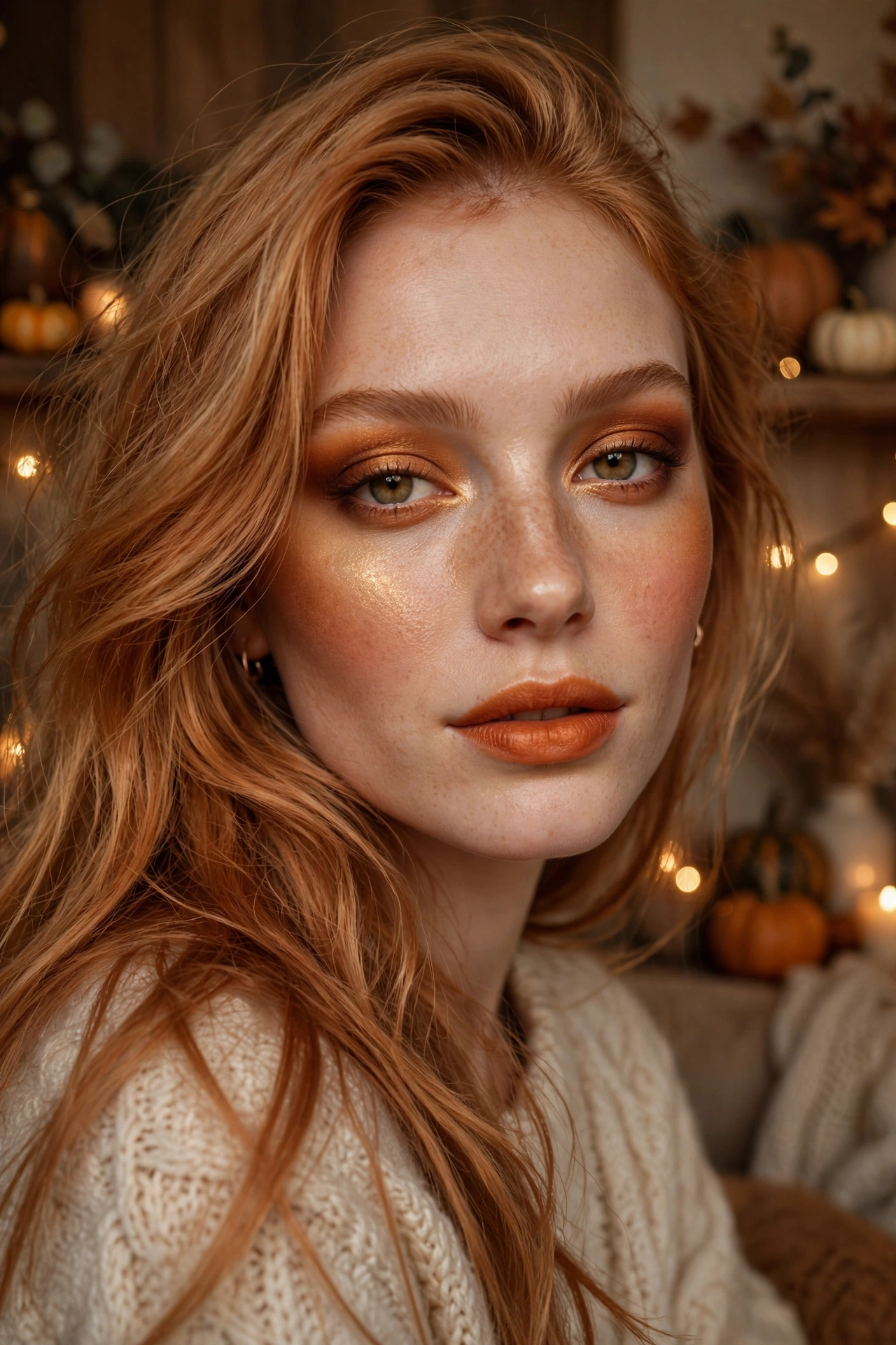 Photorealistic portrait of a woman wearing pumpkin spice orange and brown witch makeup