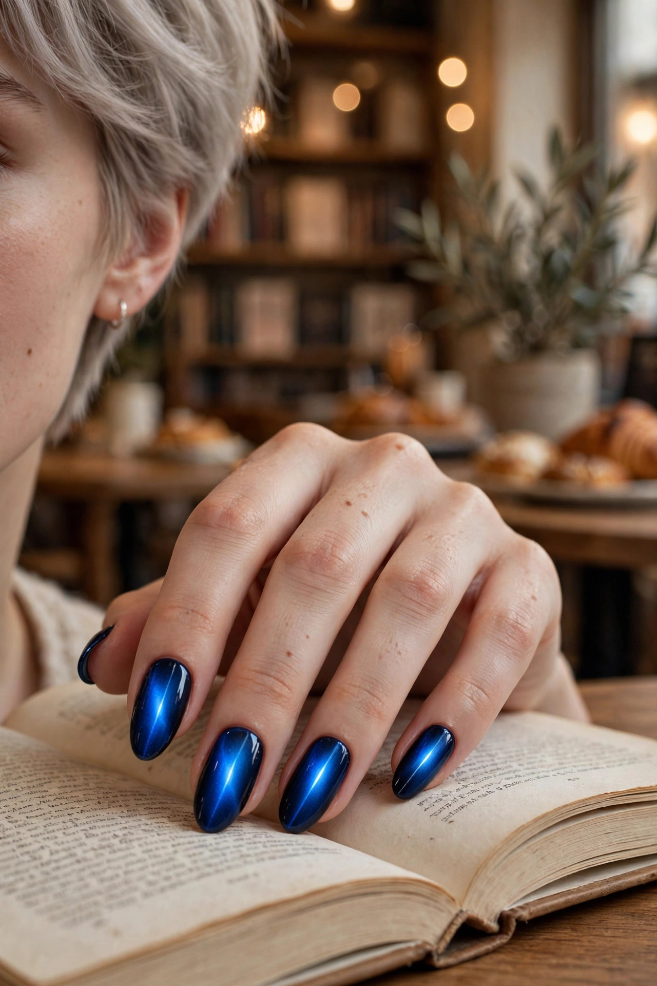Almond midnight navy blue cat eye nails with an electric blue glow at the center, hand on an open book