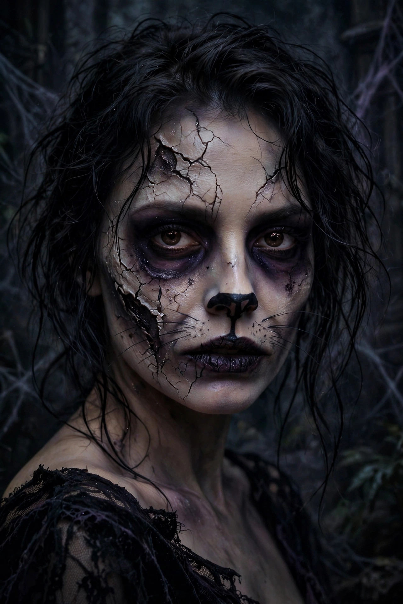 Woman with zombie cat makeup for Halloween party, pale base with cracked skin details