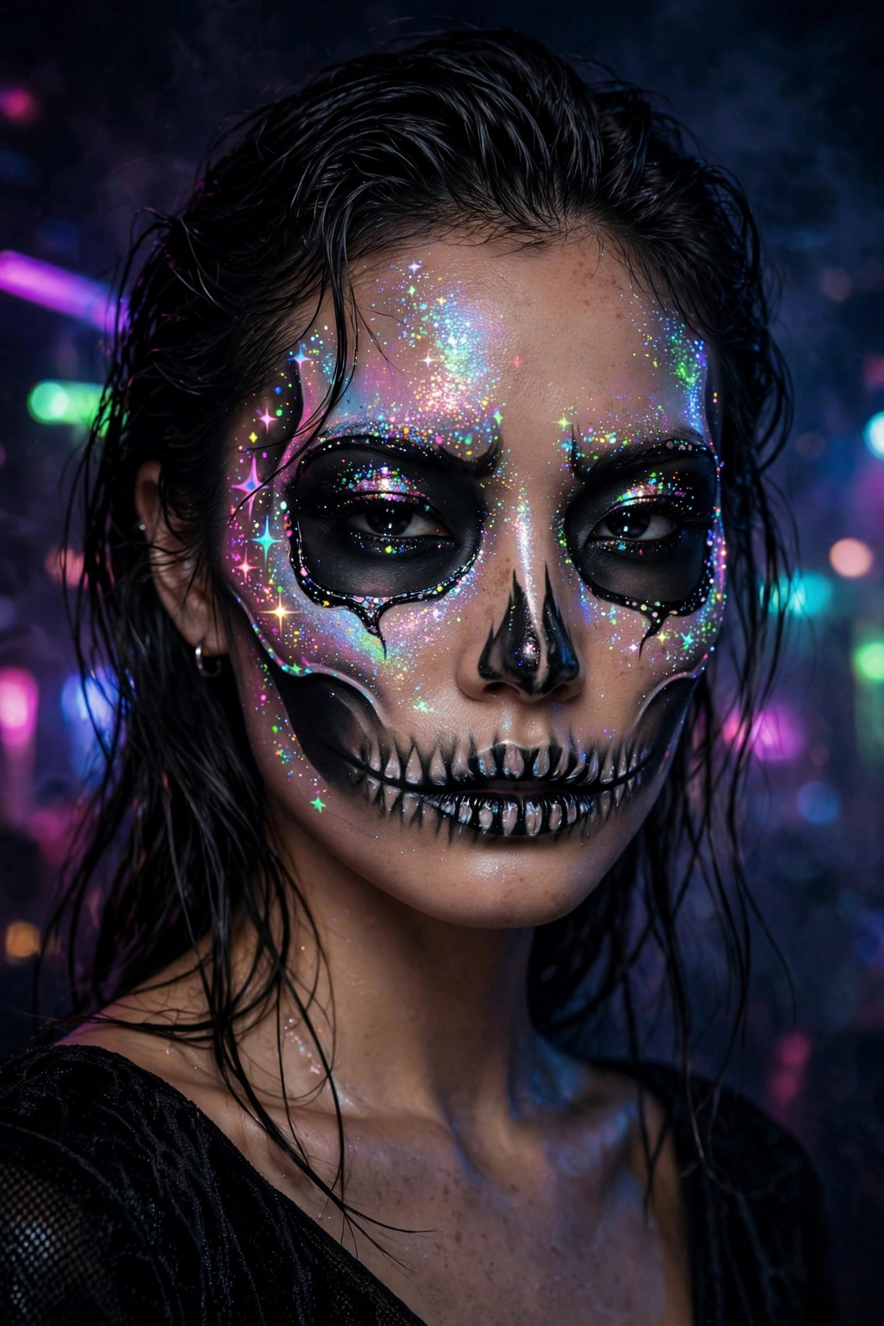 Woman with holographic shimmer glam skull Halloween makeup
