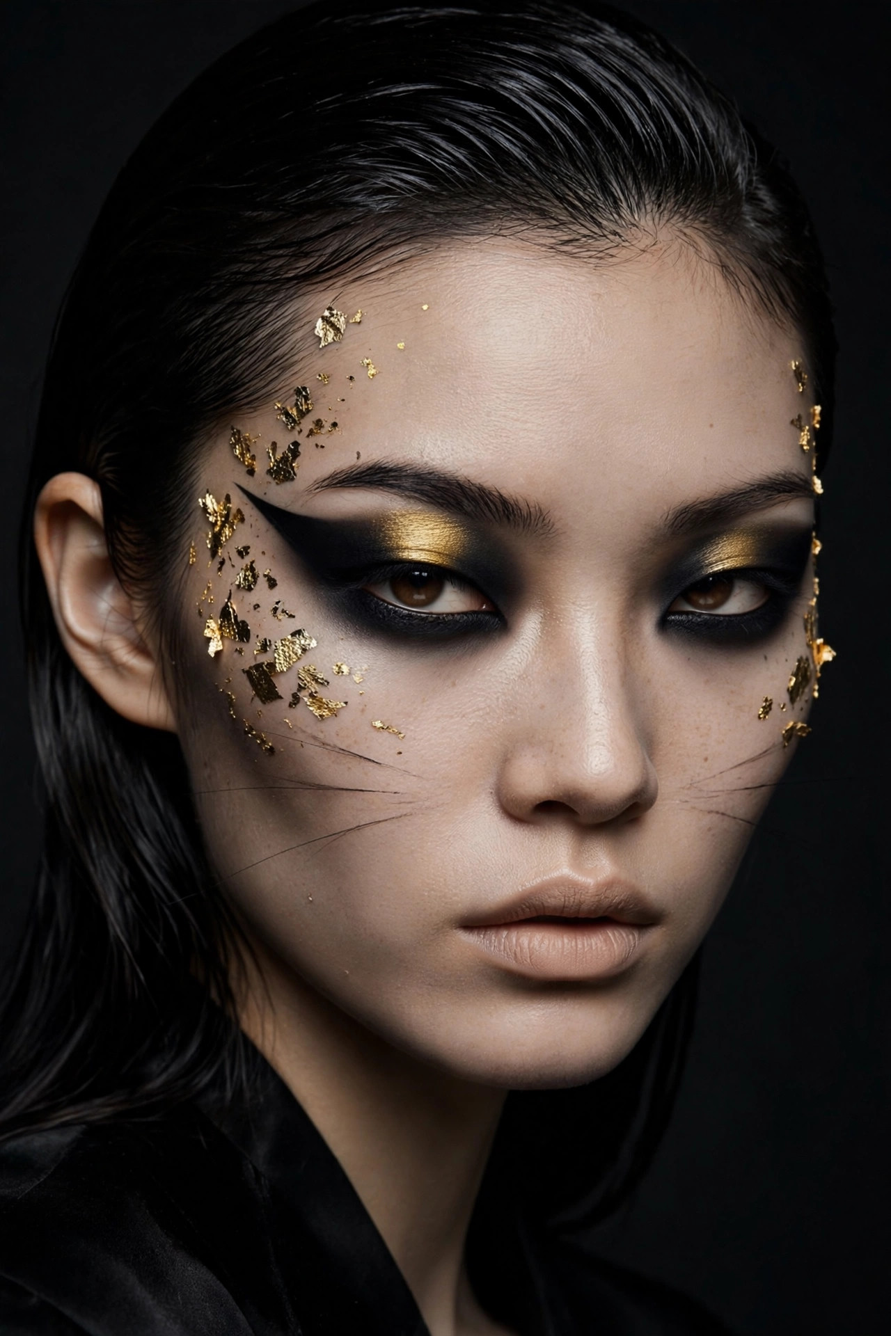 Woman with black and gold editorial cat Halloween makeup, smoky eyes and gold foil accents