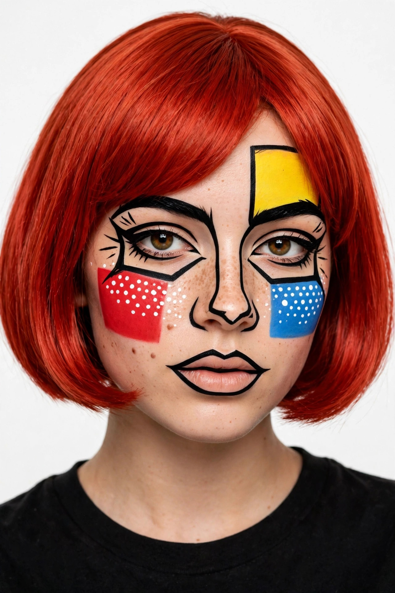 Young woman with pop art comic Halloween makeup, graphic outlines, and bright colors