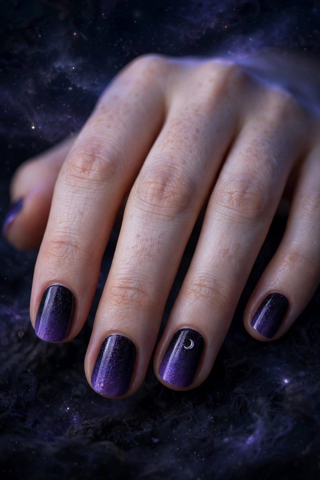 Short nails with black to purple ombre and silver moon accent