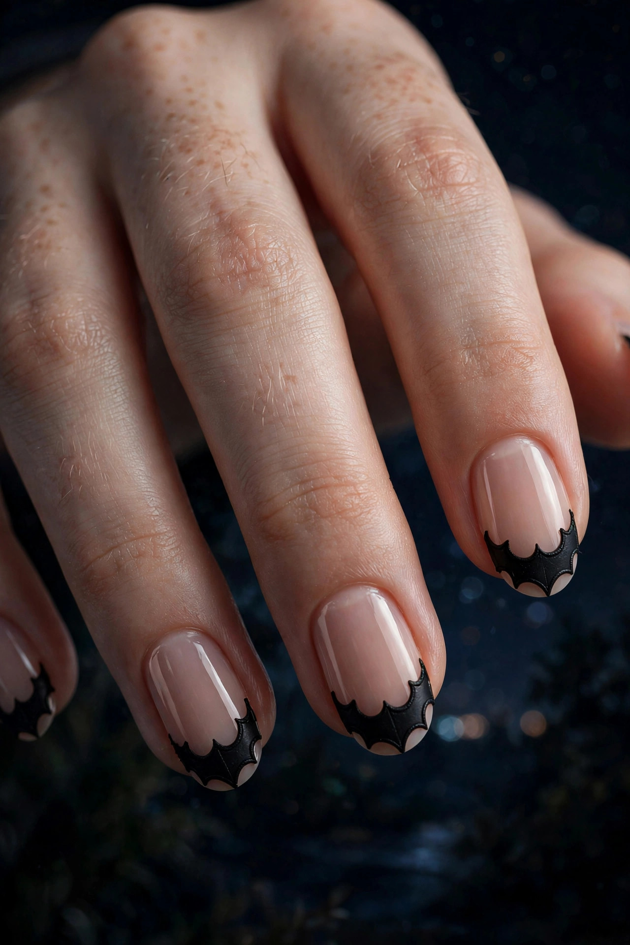 Teen hand with black French tips shaped like bat wings