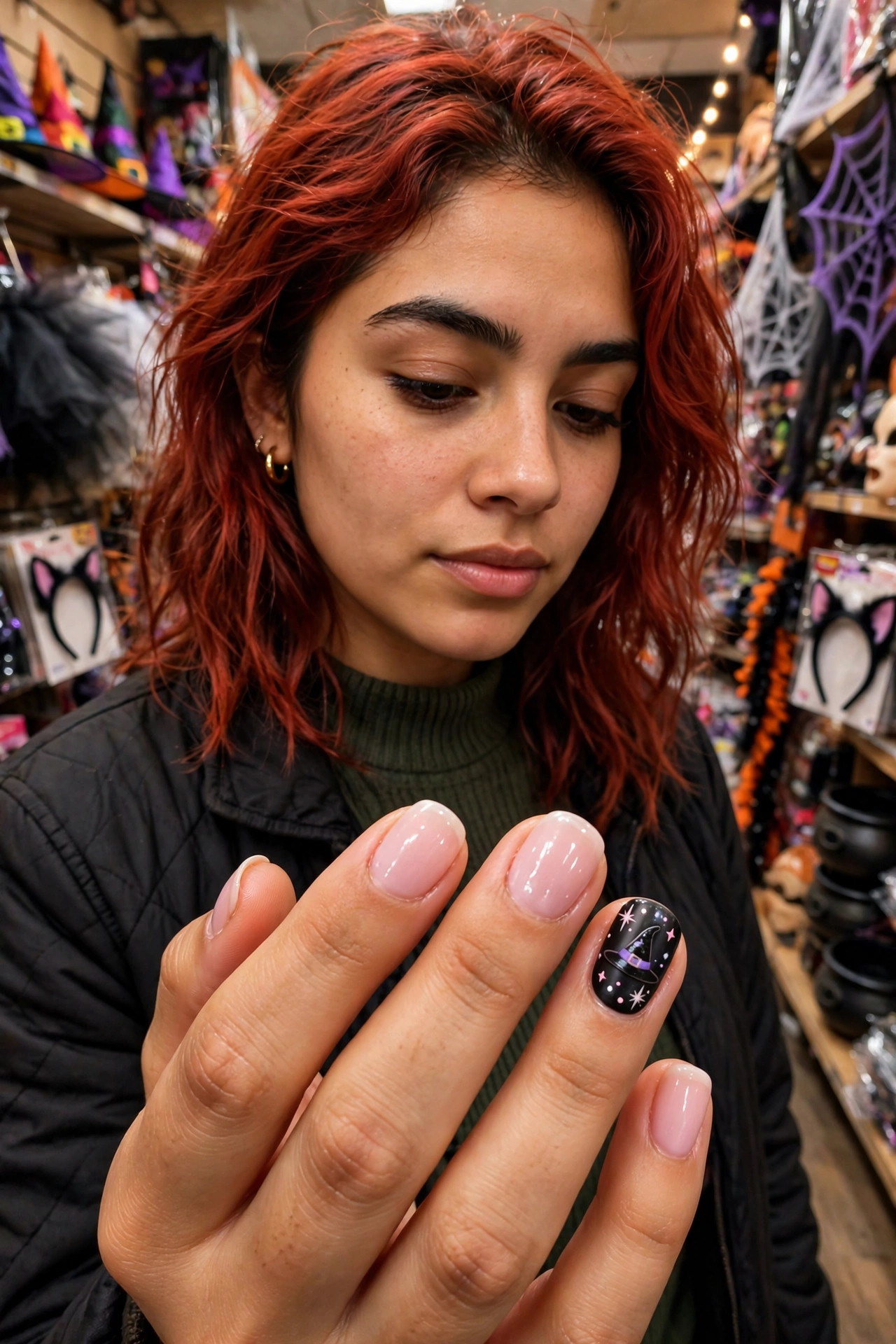 Milky pink short nails with a single black witch hat accent nail and tiny stars