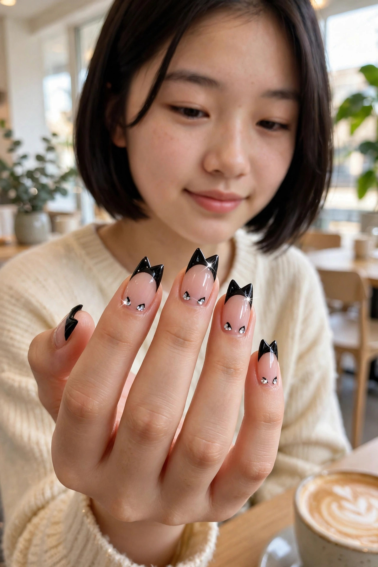 Teen nails with black French tips shaped into cat ears with sparkly eyes