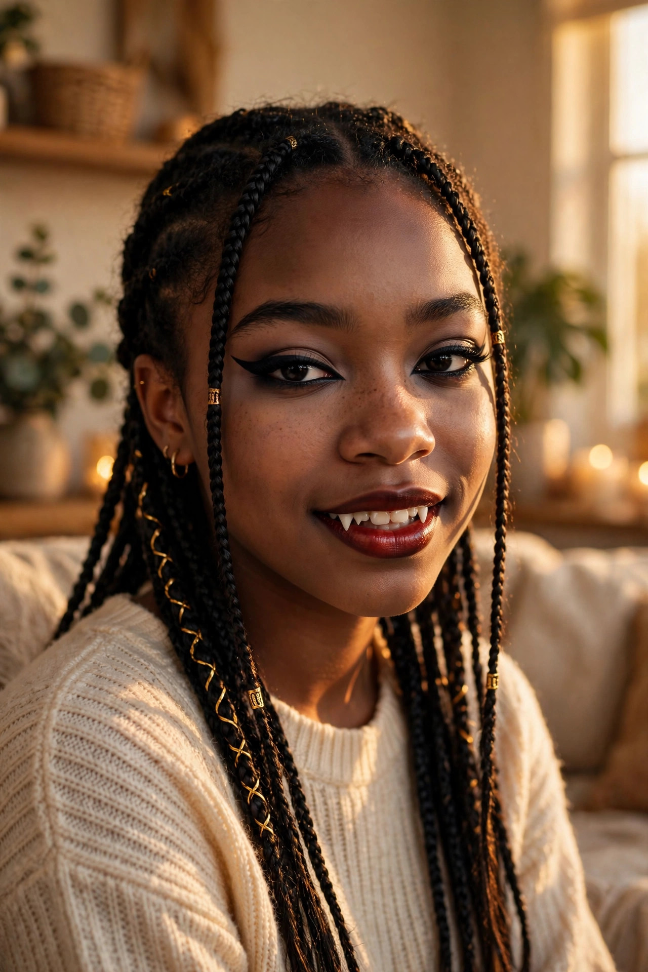 Teen with sharp black winged eyeliner and costume fangs for vampire Halloween makeup