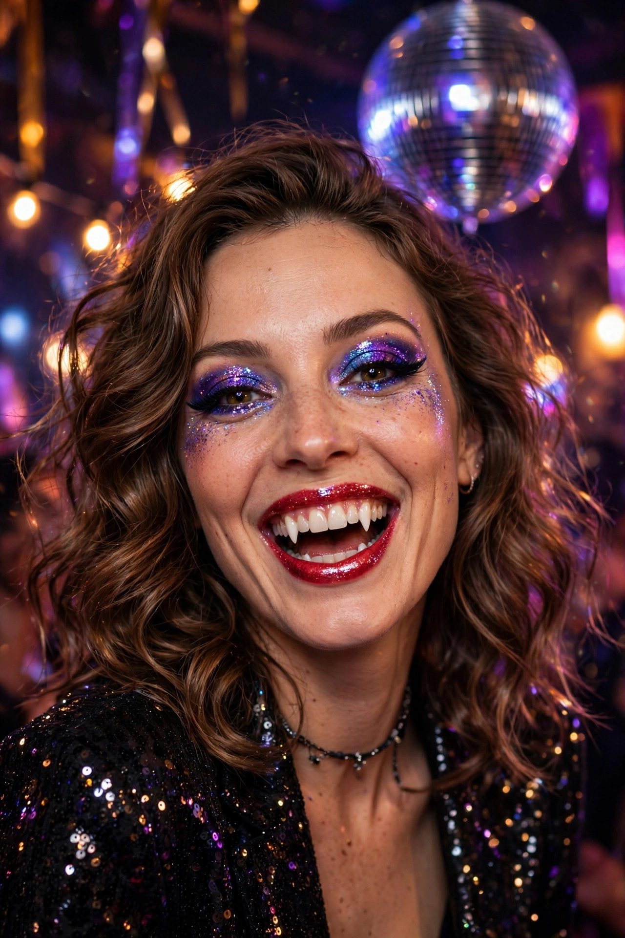 Woman with glittery disco vampire makeup, sparkly eyeshadow and red lips