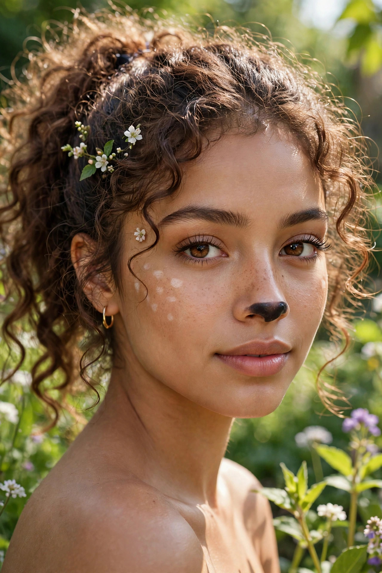 Young woman with woodland fairy deer makeup, delicate freckles and tiny flower accents