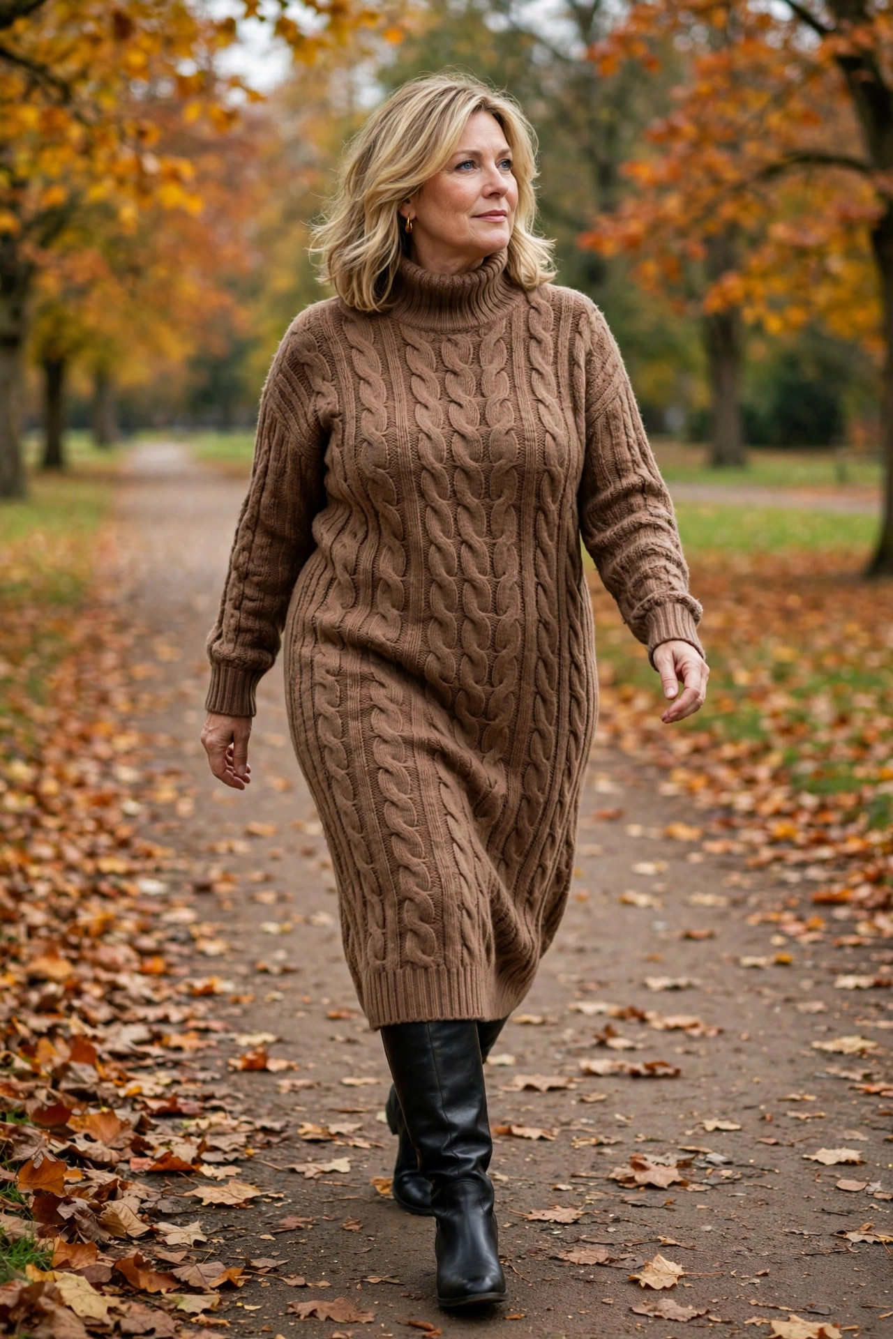 Older curvy woman in a mocha cable-knit midi dress with knee-high boots walking on a park path