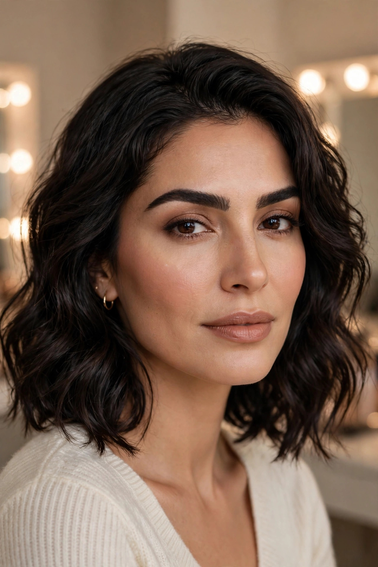 Woman with a flawless soft matte complexion, subtle warm blush and defined brows at a vanity