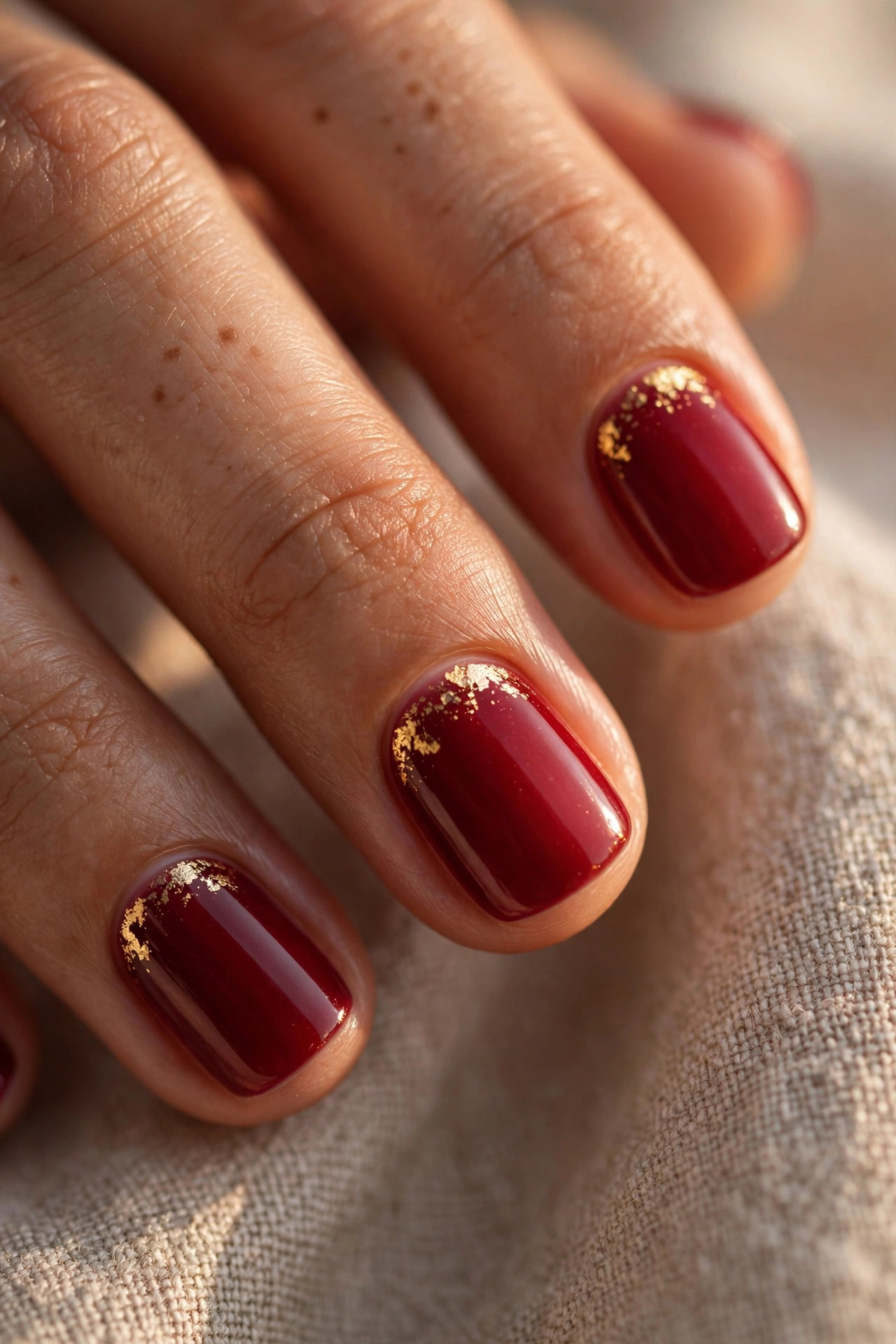 Short cranberry red nails with gold foil accents near the cuticle