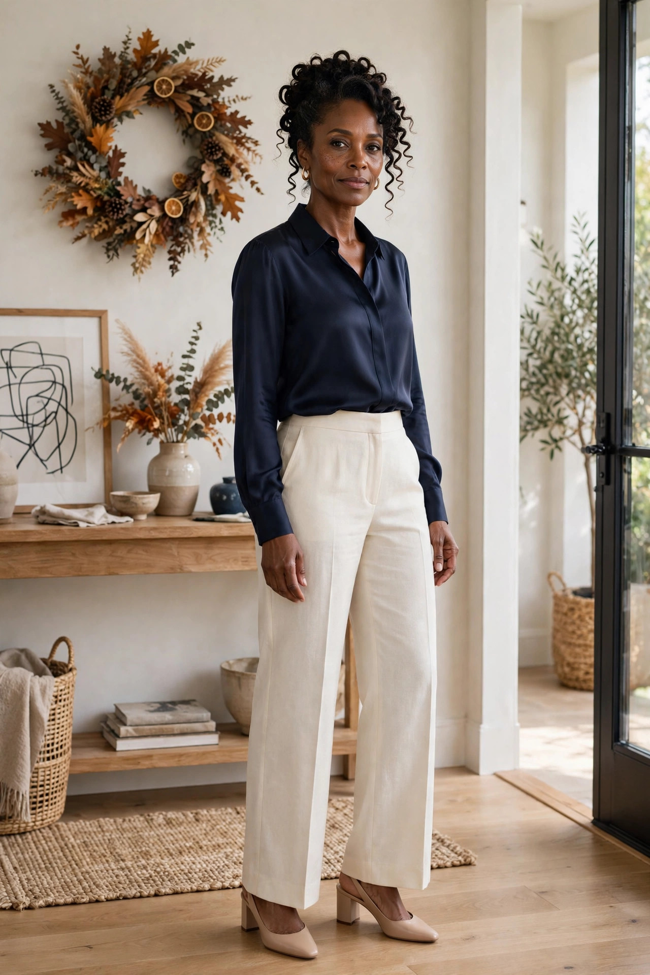 Woman in her late 40s wearing a navy silk blouse with cream wide-leg trousers in an entryway