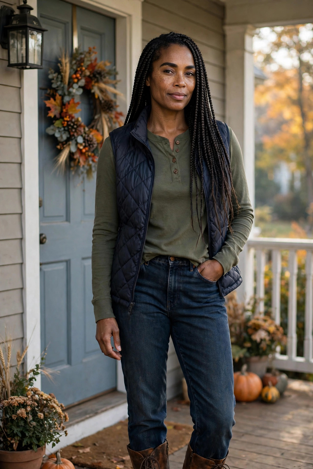 Woman in a henley top with a puffer vest and dark jeans on a front porch