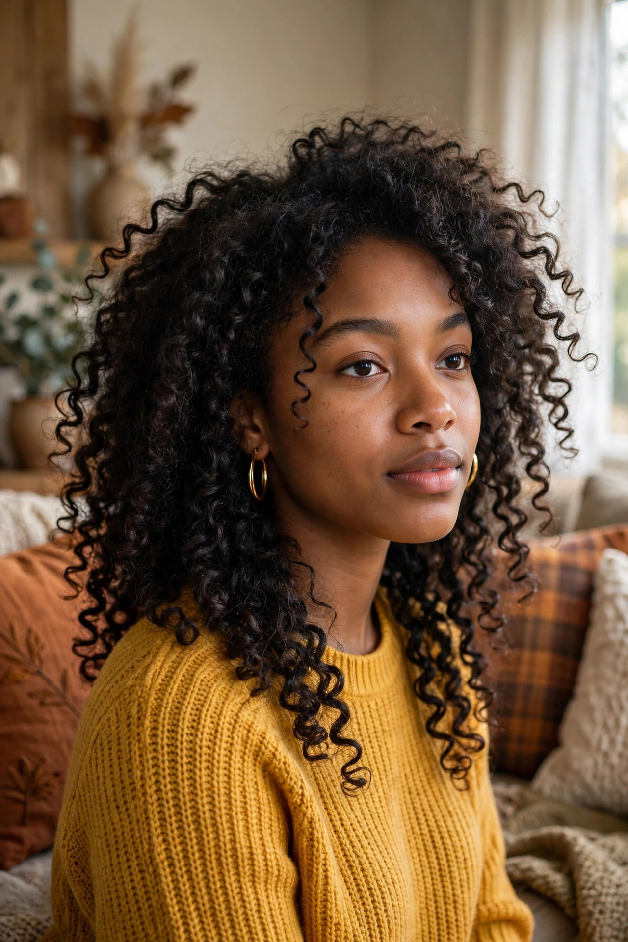 Young woman with natural air-dried curls in a family room
