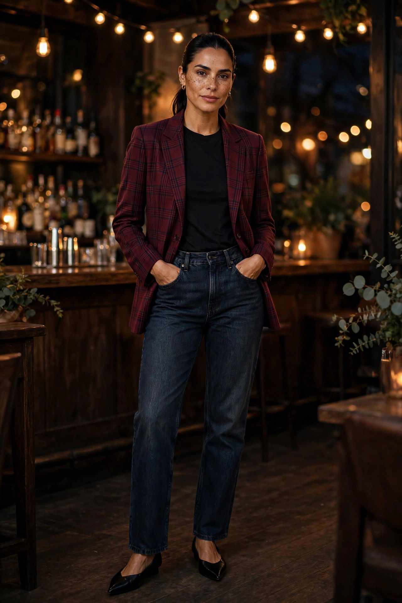 Woman in a plaid blazer with dark denim at an evening gathering