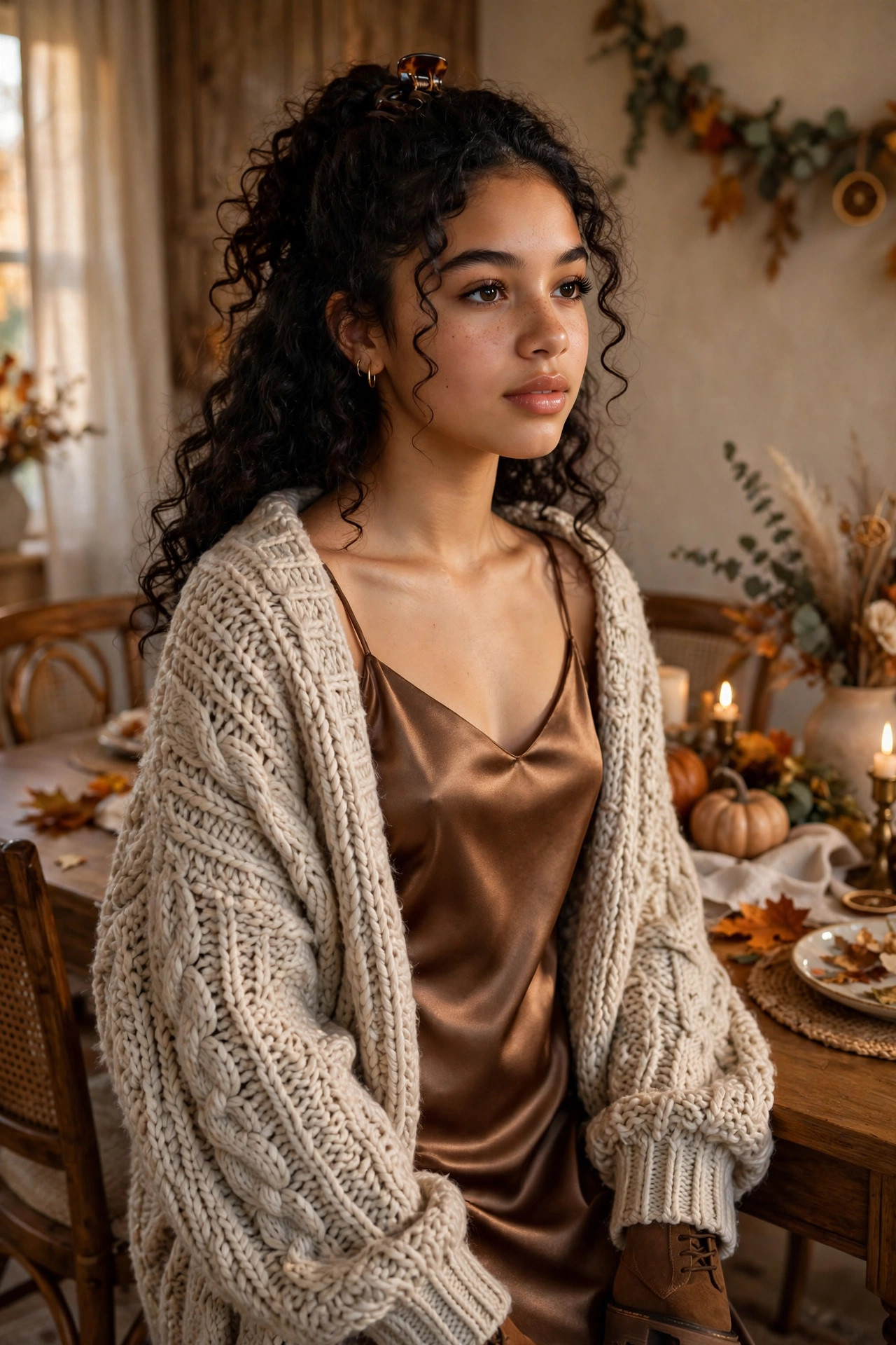Teen girl in a satin slip dress layered with a chunky cardigan in a dining room
